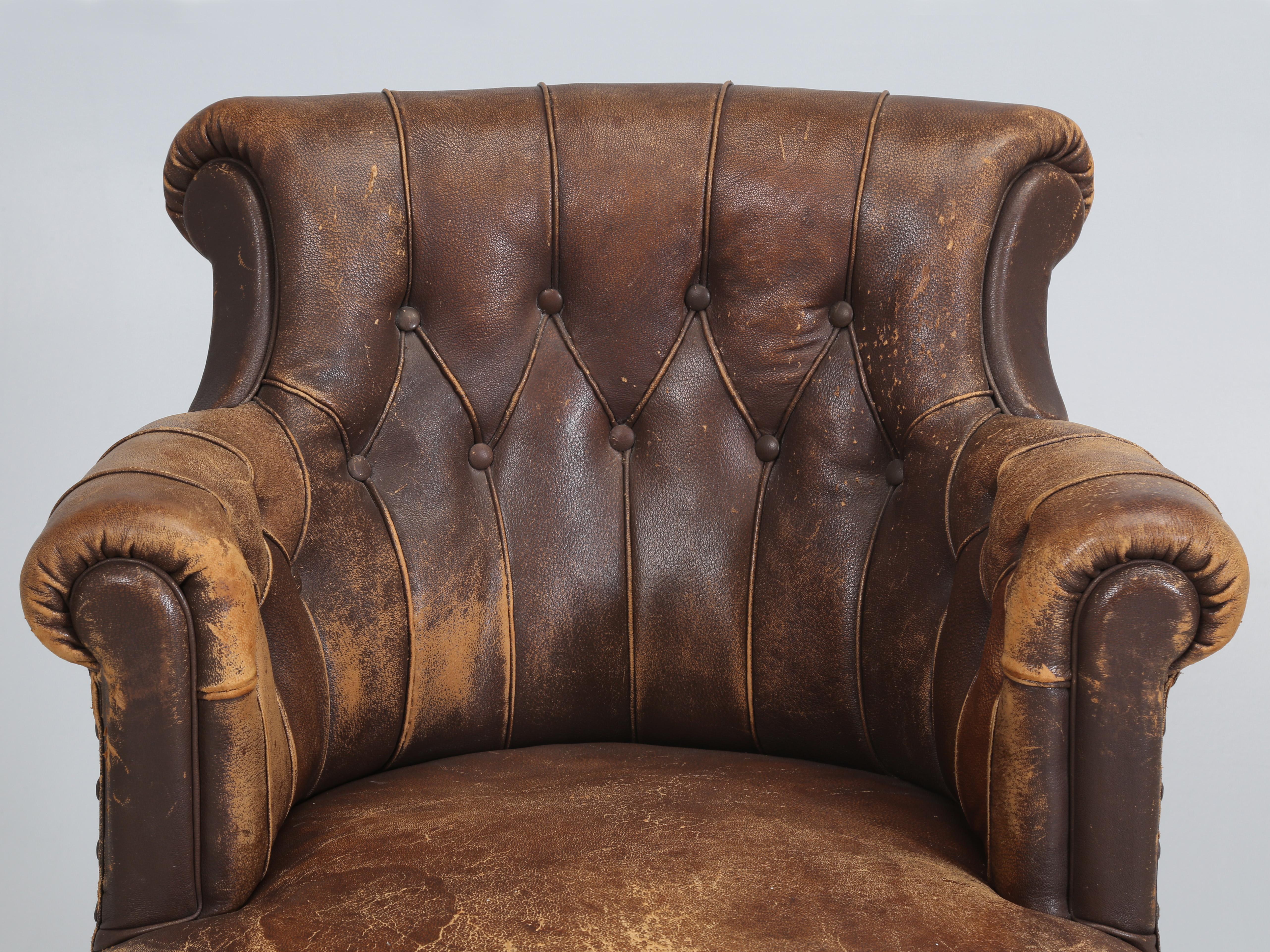 Hand-Crafted Old French Desk Chair in Original Leather and Very Comfortable. c1930's  For Sale