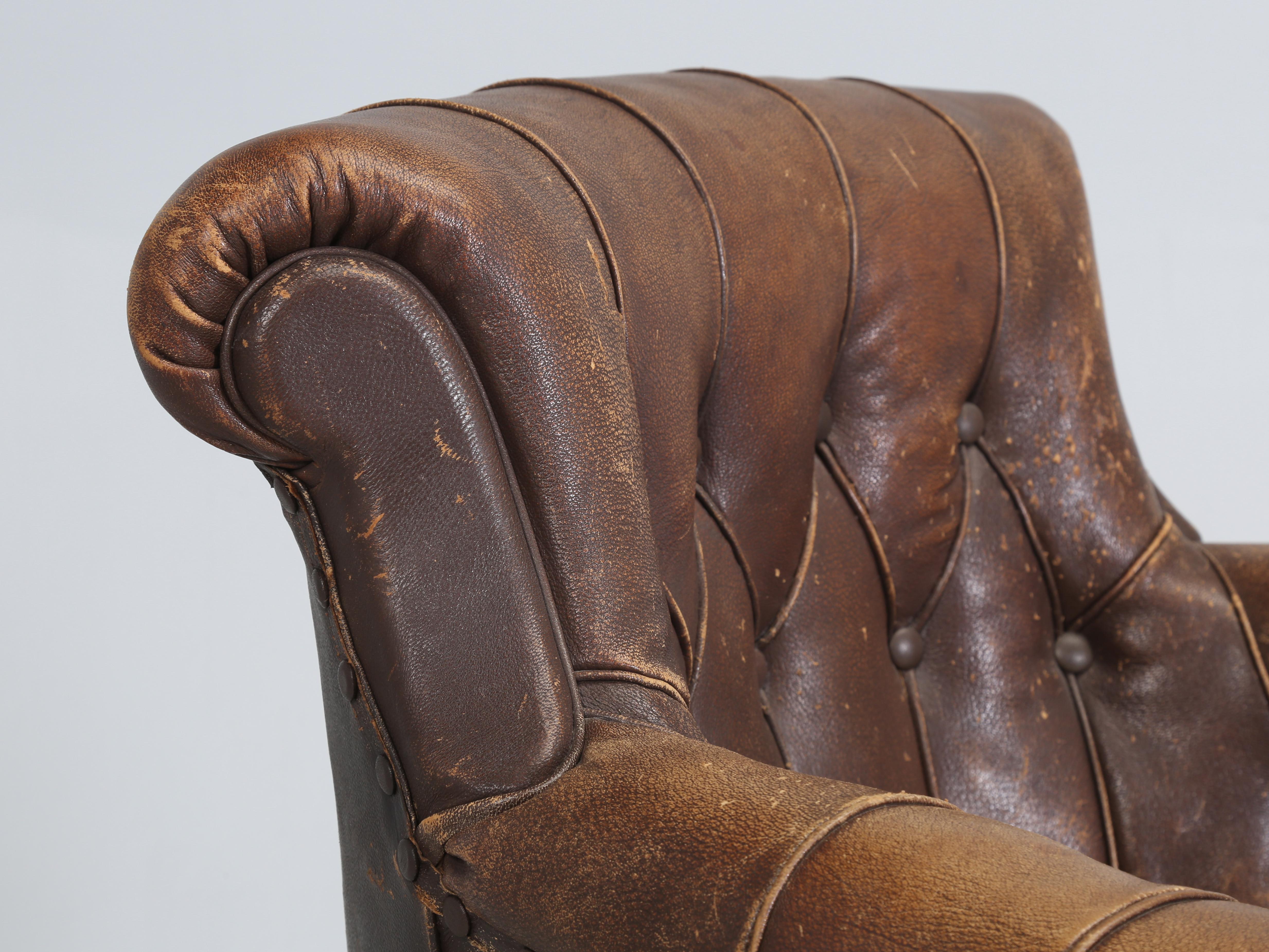 Mid-20th Century Old French Desk Chair in Original Leather and Very Comfortable. c1930's  For Sale