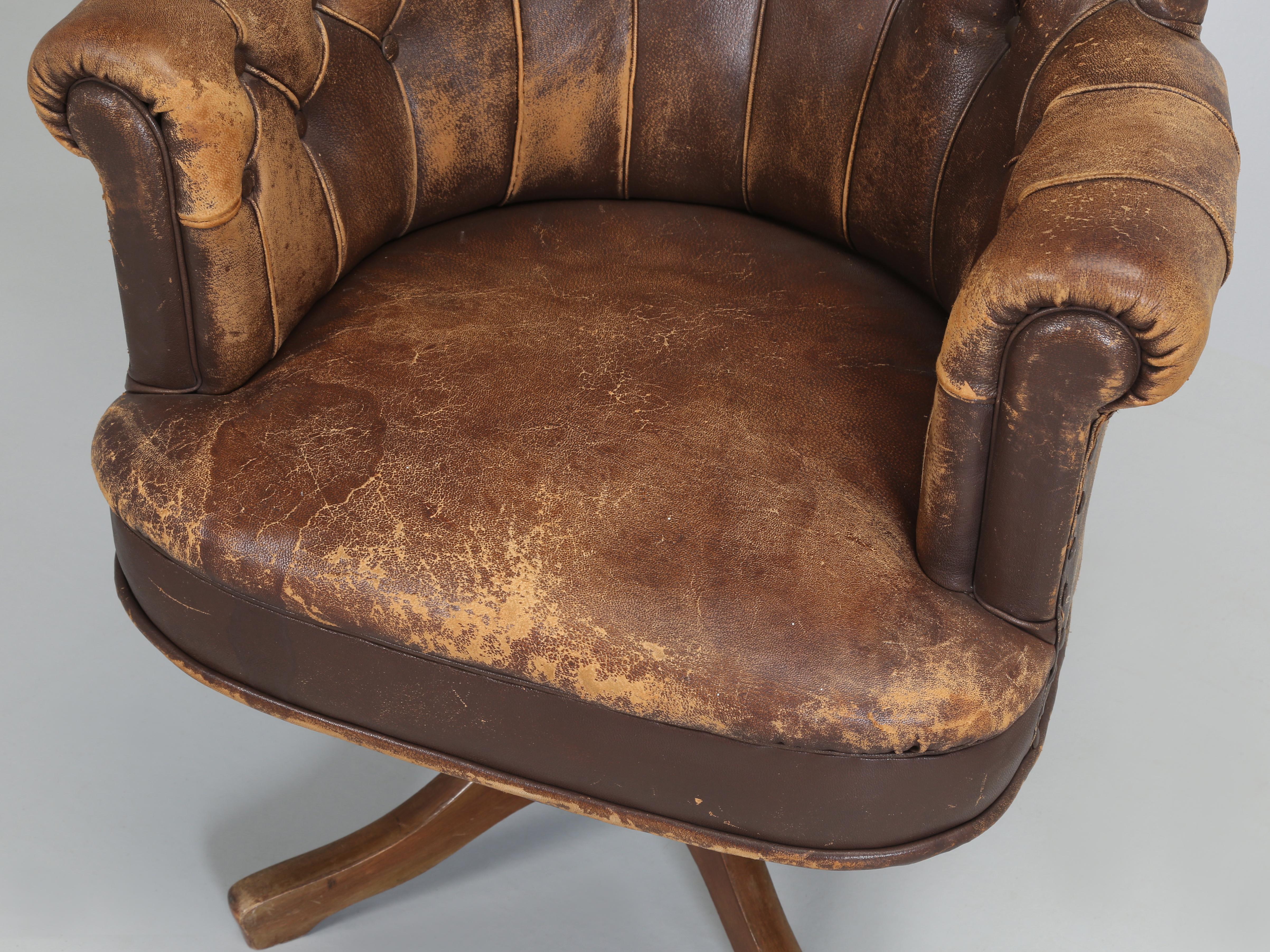 Hand-Crafted Old French Desk Chair in Original Leather and Very Comfortable. c1930's 