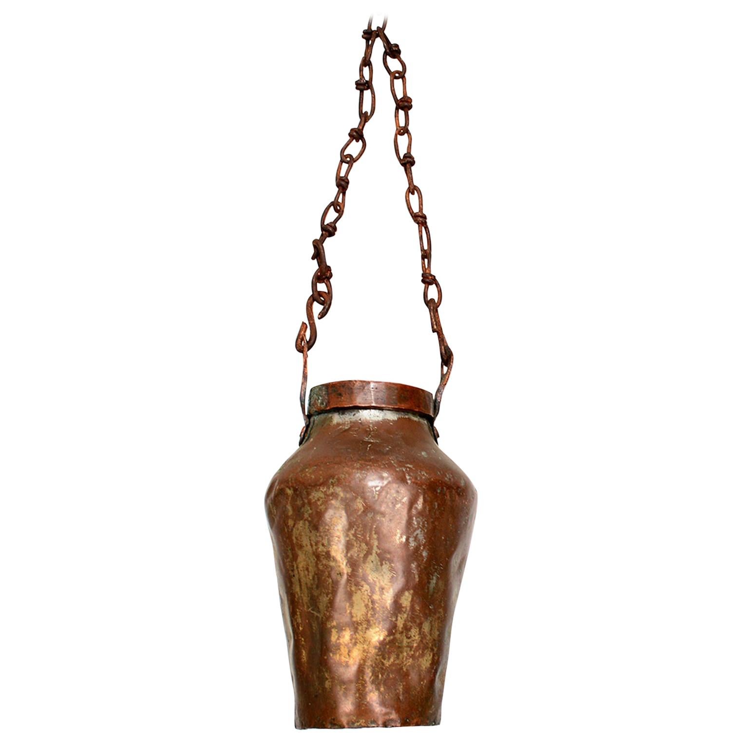 Old French Hanging Pot Vase Planter in Hammered Copper & Brass Heavy Chain 1800s