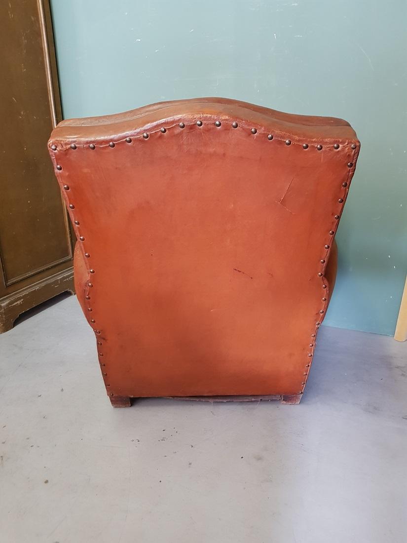 Old French Leather Lounge Chair from the 1930s-1940s. In Good Condition For Sale In Raalte, NL