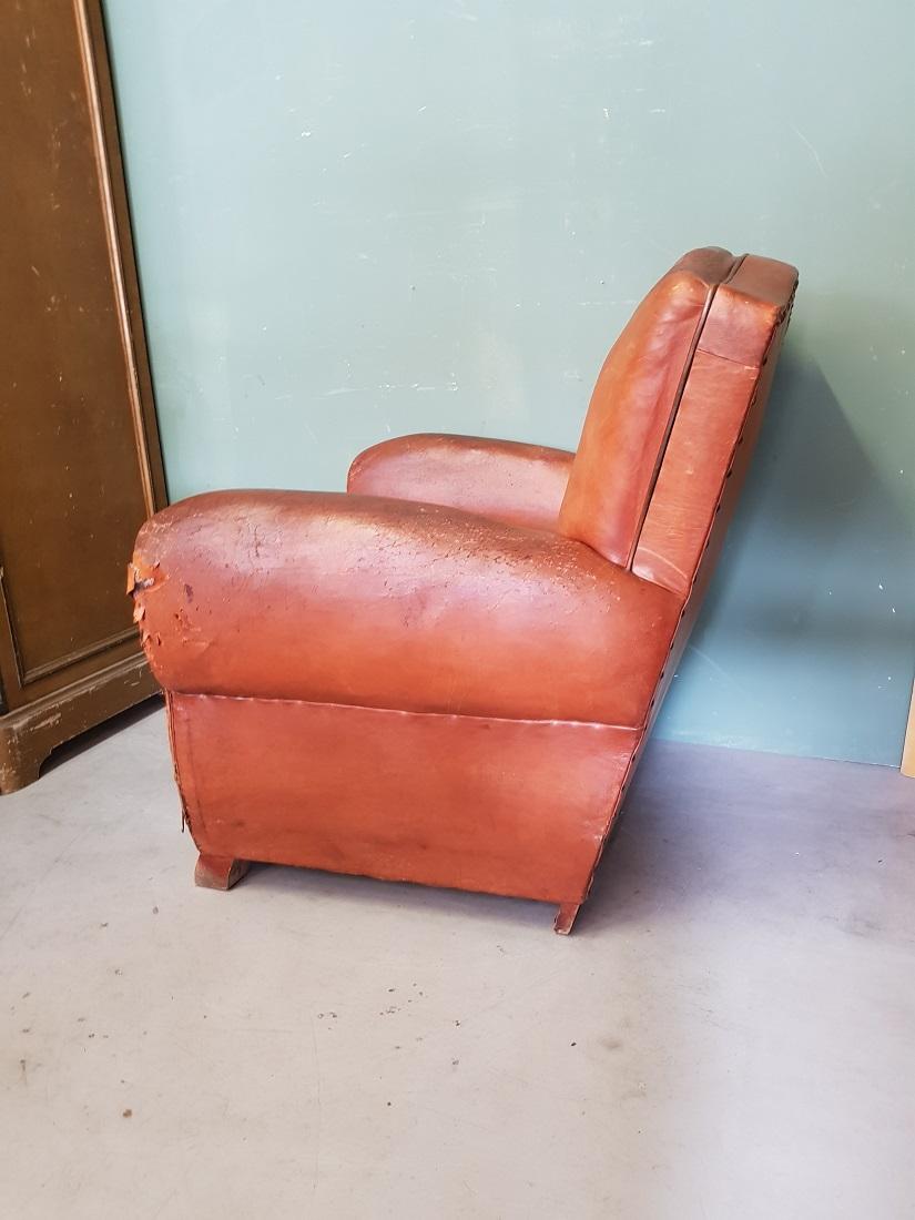 20th Century Old French Leather Lounge Chair from the 1930s-1940s. For Sale