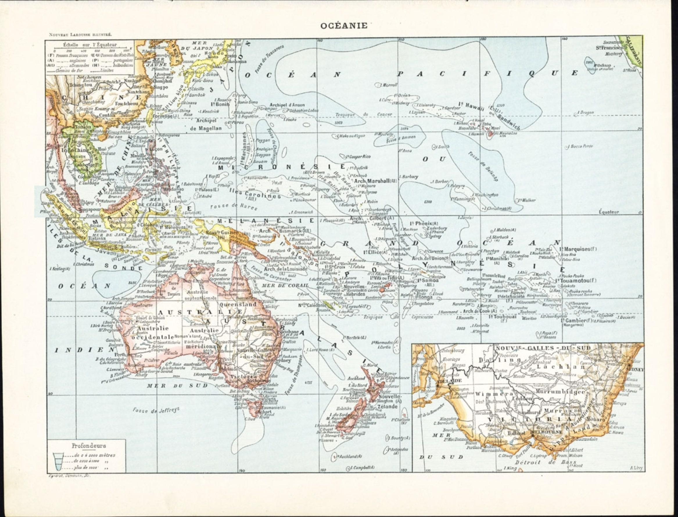 19th Century Old French Lithograph of Oceania with an Inset of Victoria, Australia 1897 For Sale