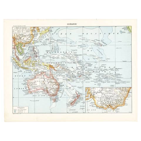 Old French Lithograph of Oceania with an Inset of Victoria, Australia 1897