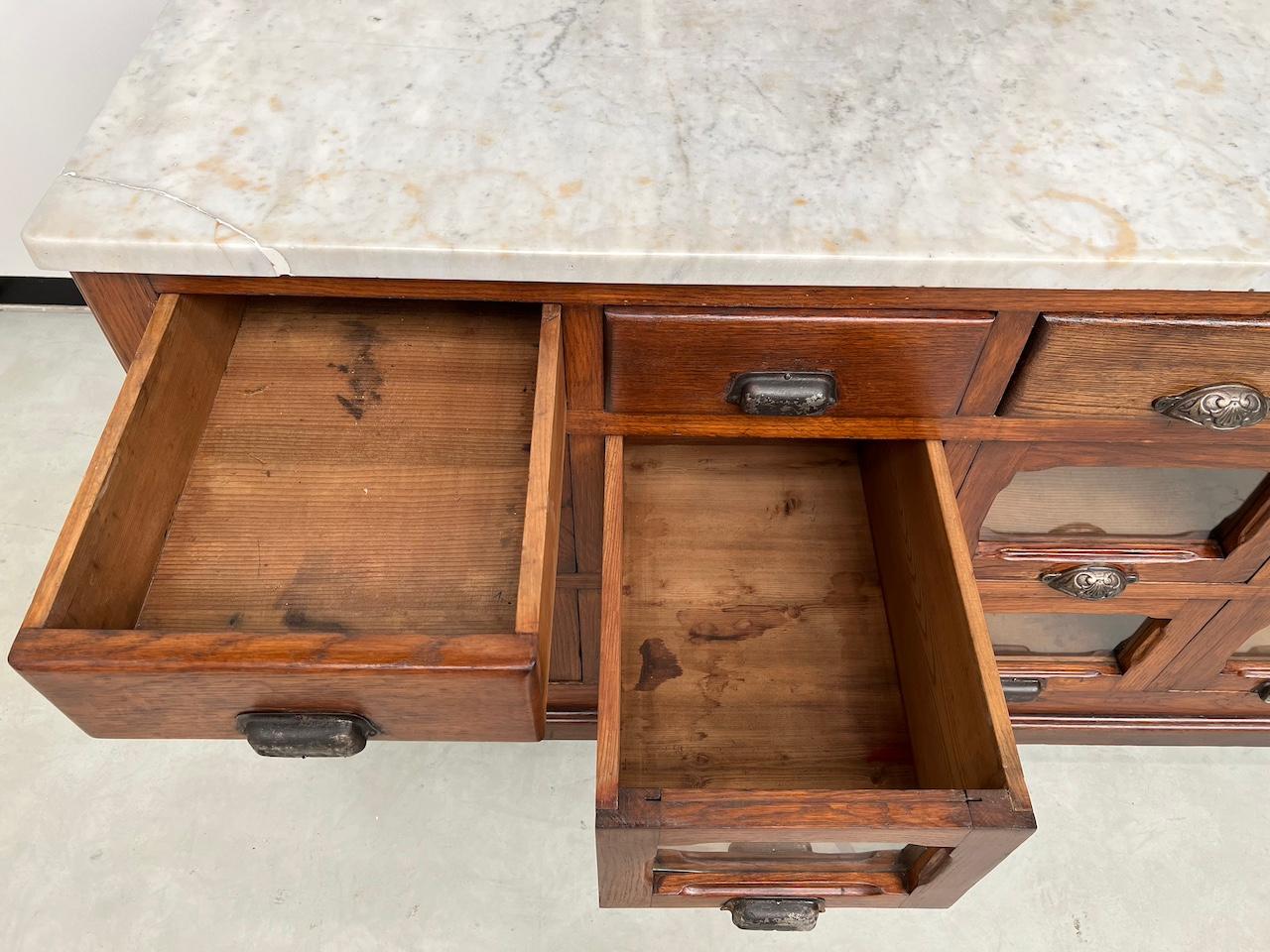 Old french oak trading counter with drawers, 1900's For Sale 10