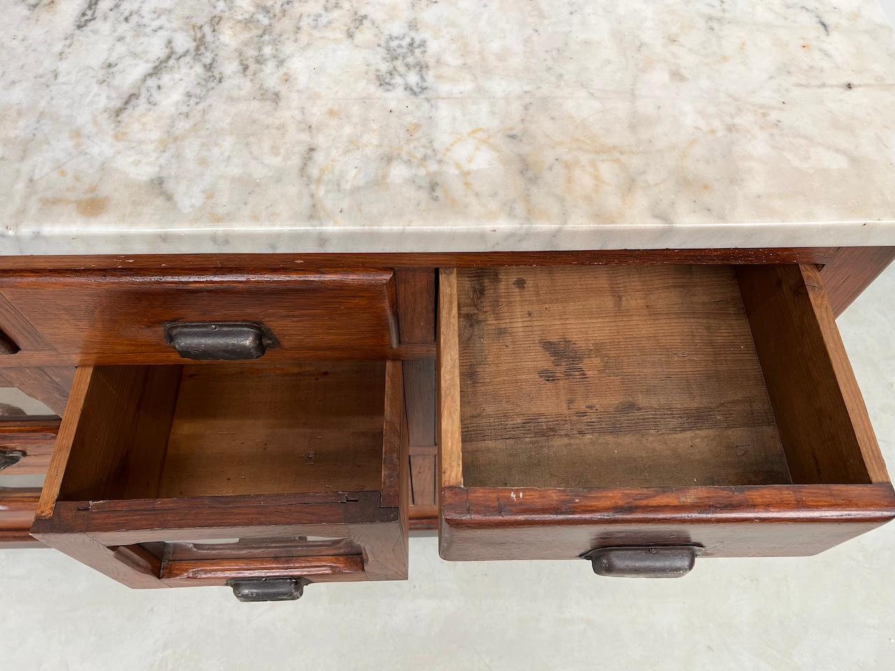 Old french oak trading counter with drawers, 1900's For Sale 11
