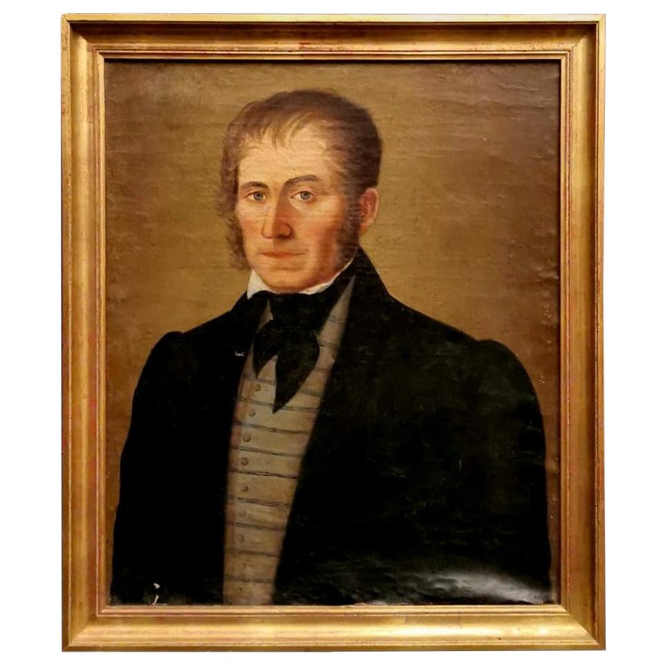 Old French Painting Portrait of a Nobleman with Golden Frame For Sale