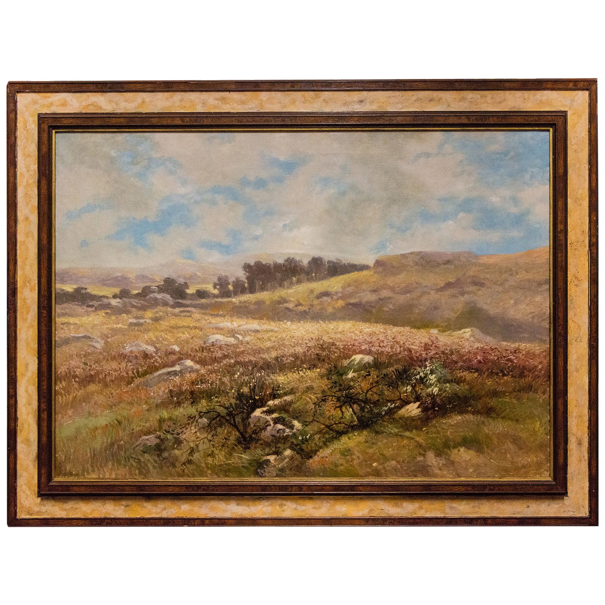 Old French Painting "The Heather Valley" in Antique Rare Frame