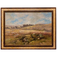 Old French Painting "The Heather Valley" in Antique Rare Frame