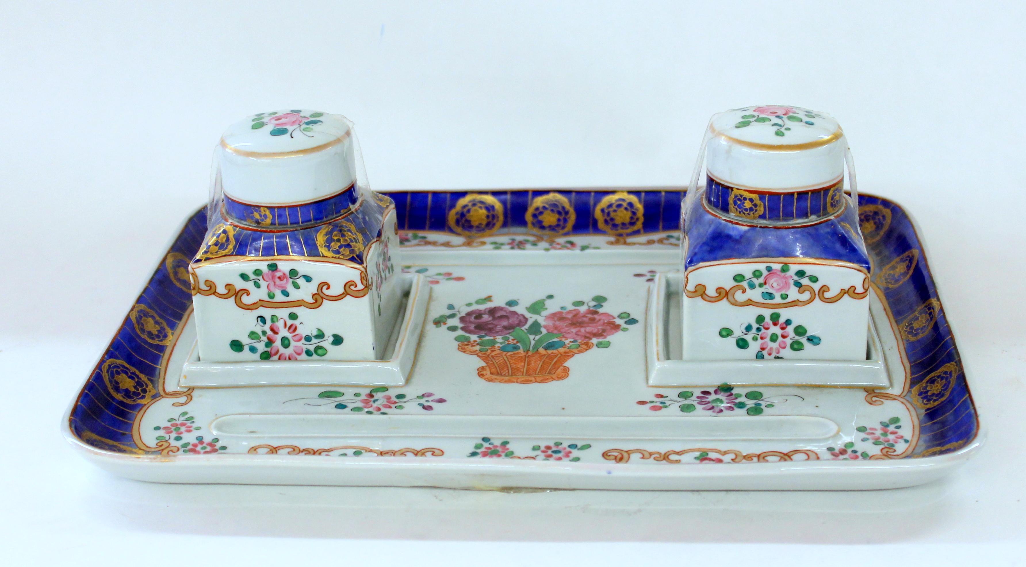 Rare Old French Samson-style hand-painted porcelain large two-bottle Inkstand with typical 
