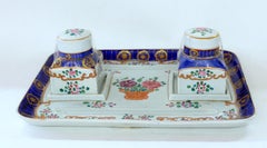 Old French Samson-Style Hand-Painted Porcelain Two-Bottle Inkstand