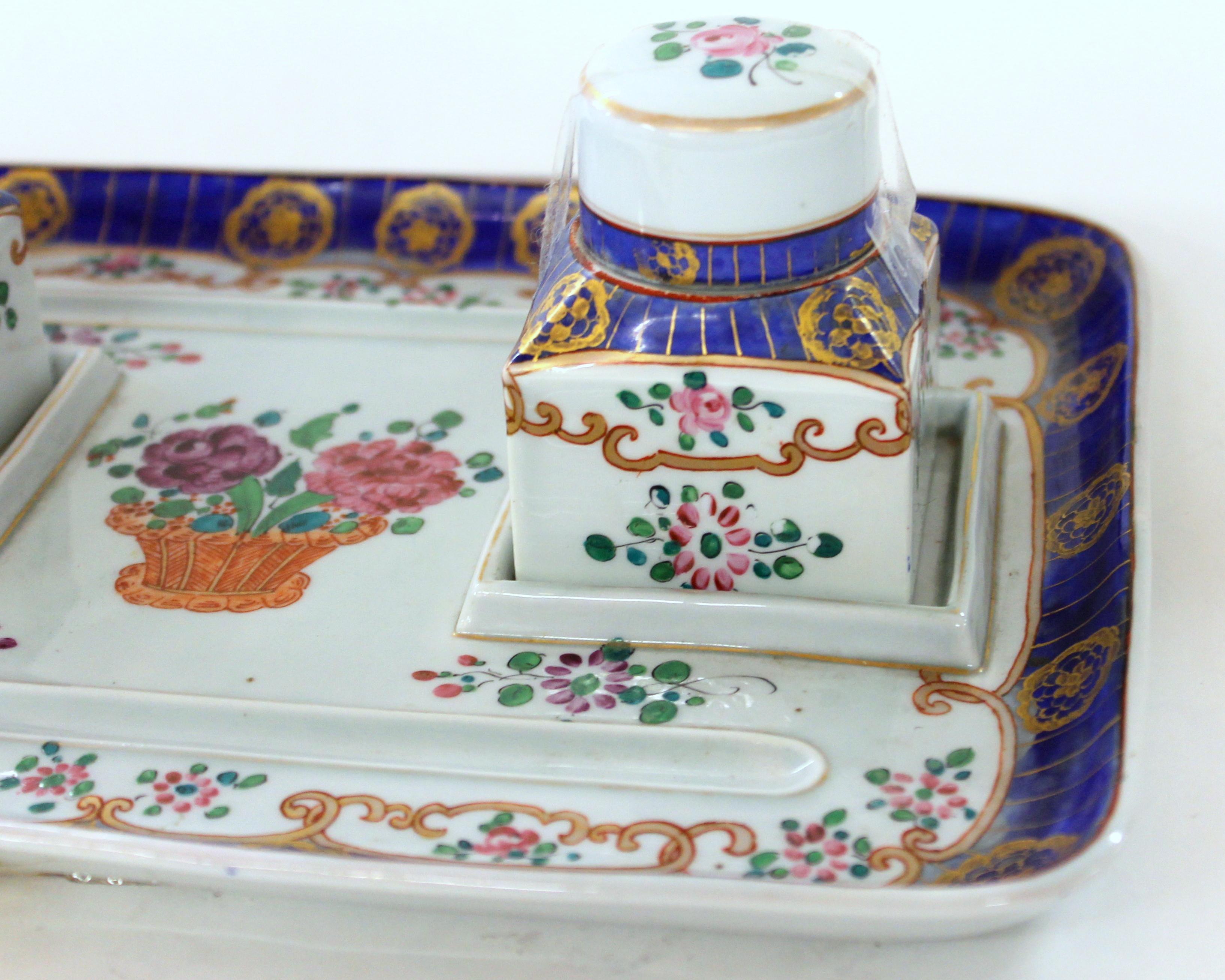 Old French Samson-Style Hand-Painted Porcelain Two-Bottle Inkstand 5