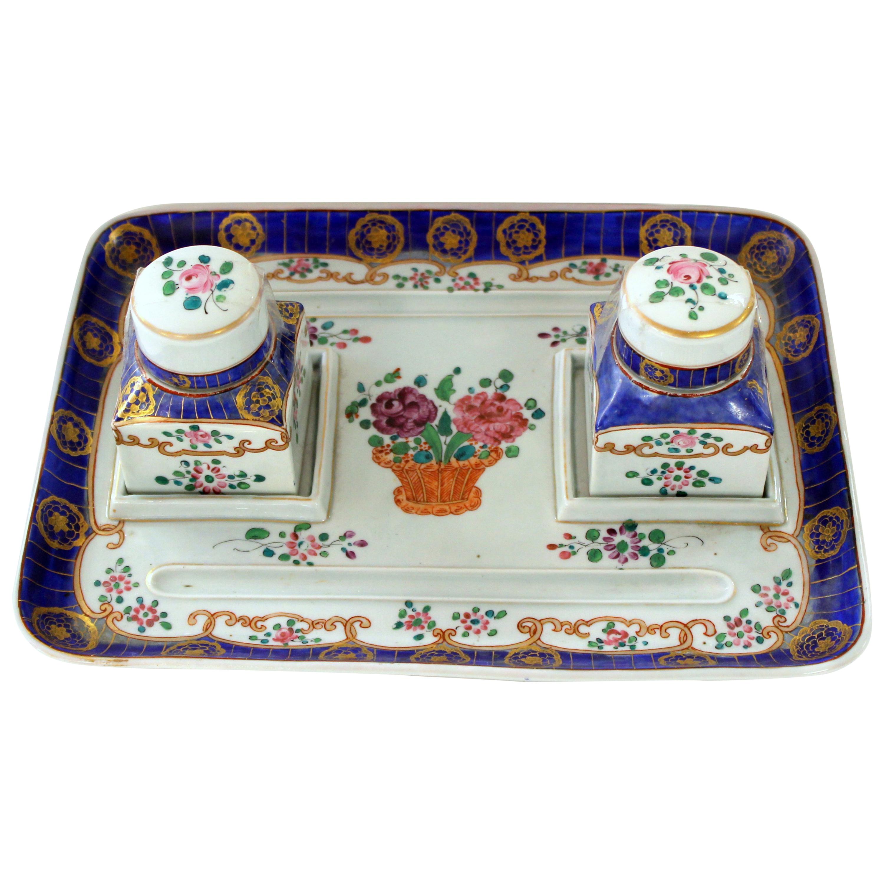 Old French Samson-Style Hand-Painted Porcelain Two-Bottle Inkstand