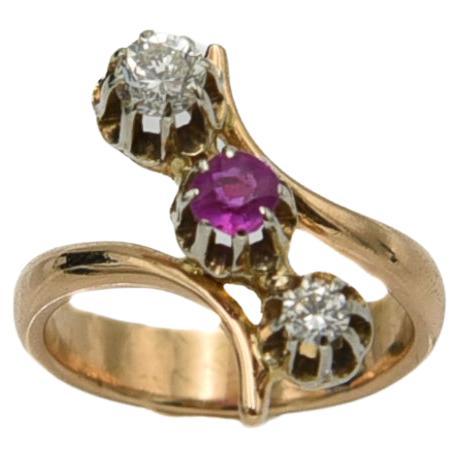 Old French Trilogy ring with ruby and diamonds 0.34ct