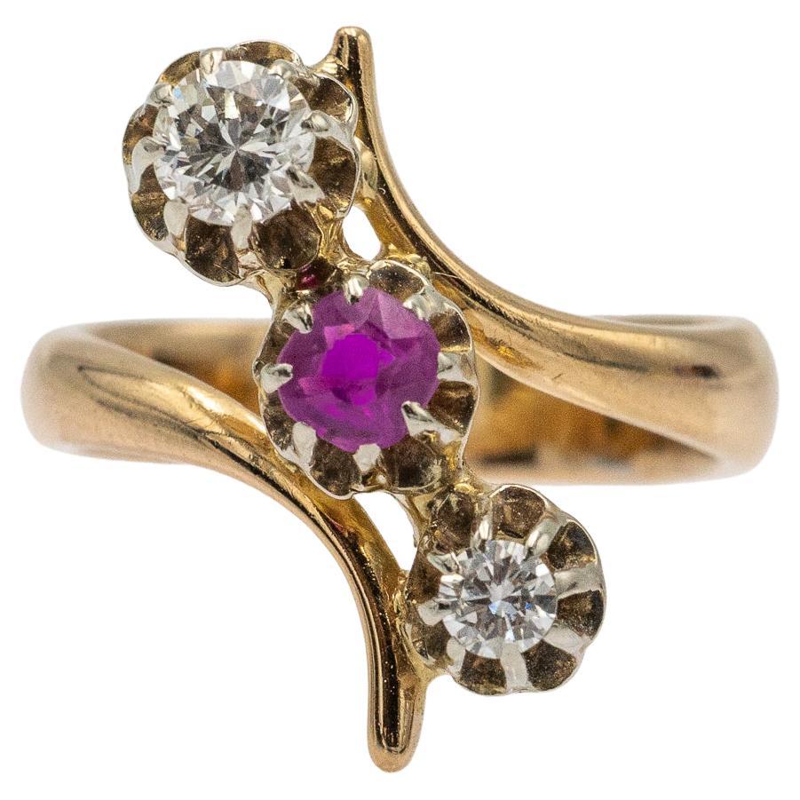 Old French Trilogy ring with ruby and diamonds 0.34ct For Sale
