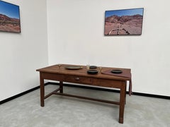 Old french work table in solid cherry and acacia