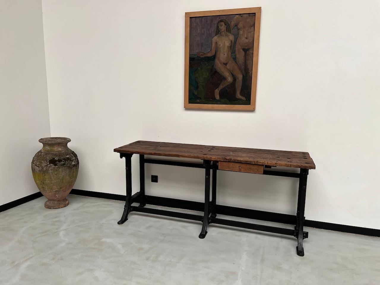 Industrial Old french workbench with cast iron base, 1950s For Sale