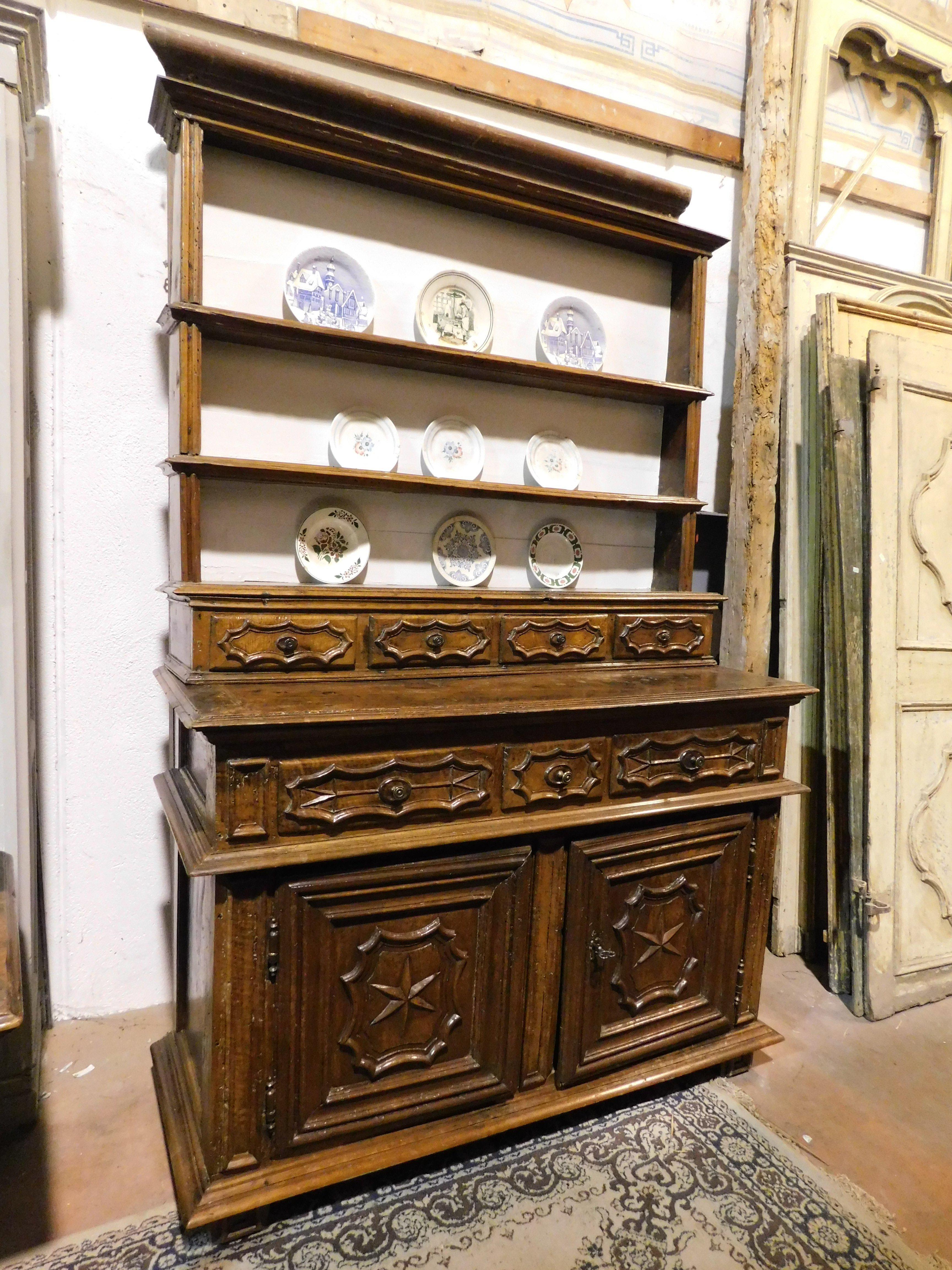 Italian Old furniture, richly carved walnut plate rack, from Turin, Italy For Sale