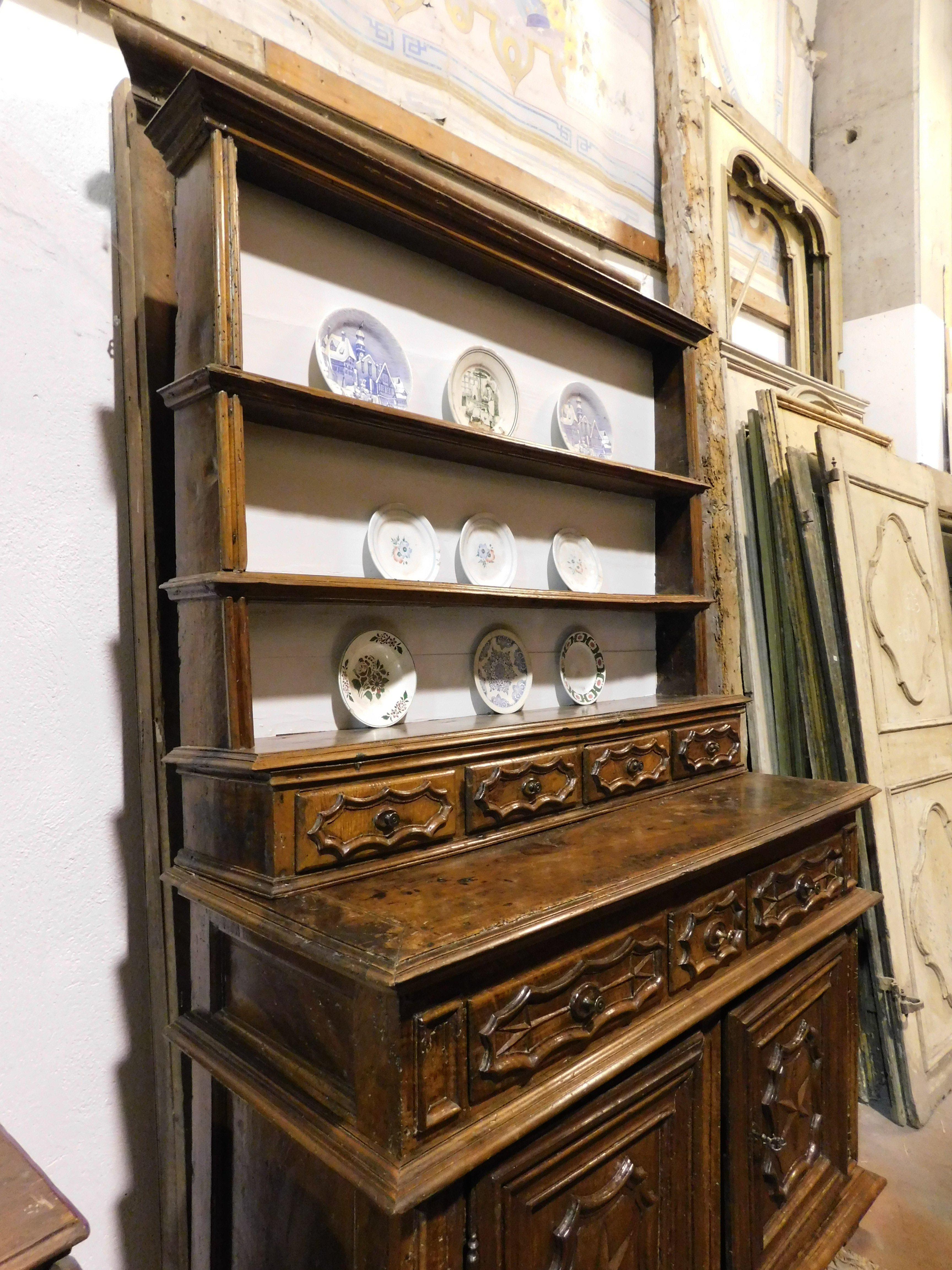 Hand-Carved Old furniture, richly carved walnut plate rack, from Turin, Italy For Sale