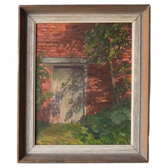 'Old Garden Door', Small Original Vintage Oil Painting, Naive Folk Art Style