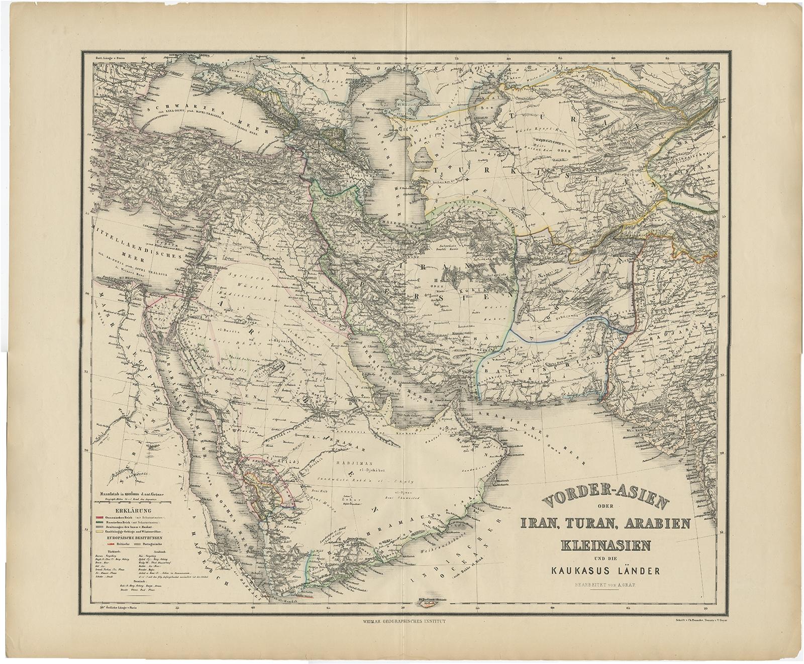 Antique map titled 'Vorder-Asien oder Iran, Turan, Arabien, Kleinasien und die Kaukasus Länder'. Large map centered on Iran. It shows the area from Turkey to Mumbai in India. Includes Arabia, the Caspian Sea and the Aral Lake. Artists and Engravers: