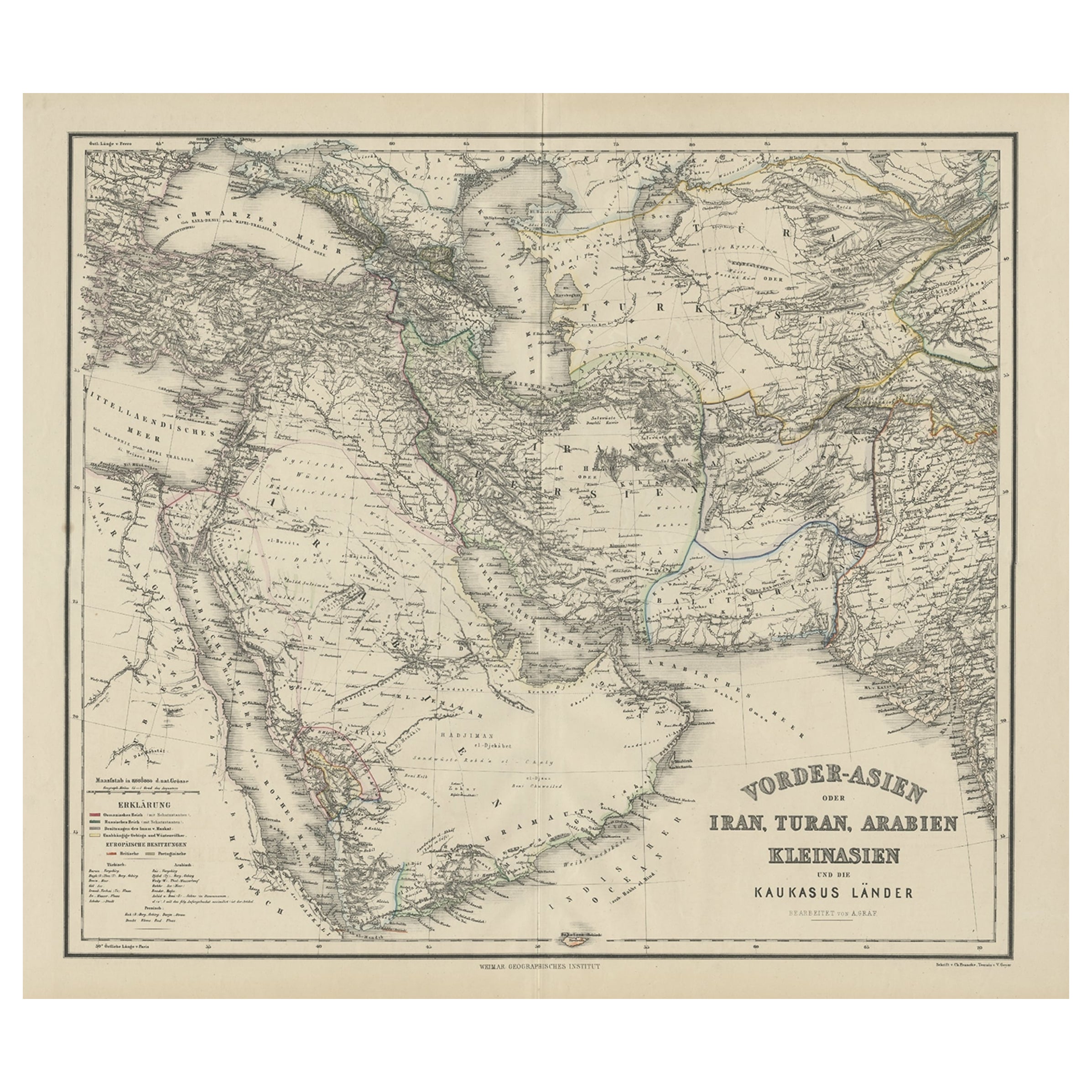 Carte ancienne allemande ancienne d'Iran et d'Arabie, 1866 en vente
