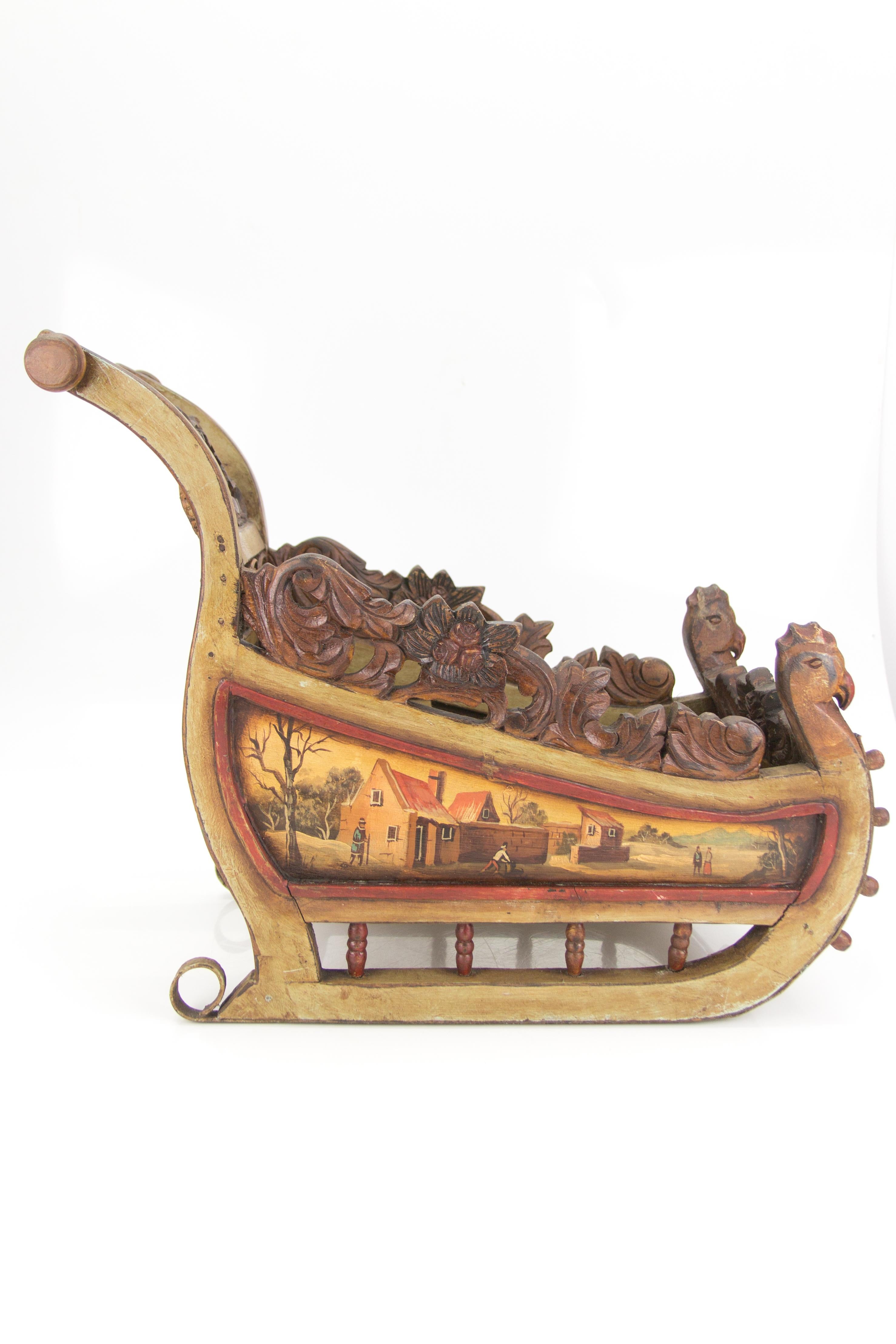 Old German Carved Wooden Sleigh with Hand Painted Scenes 1