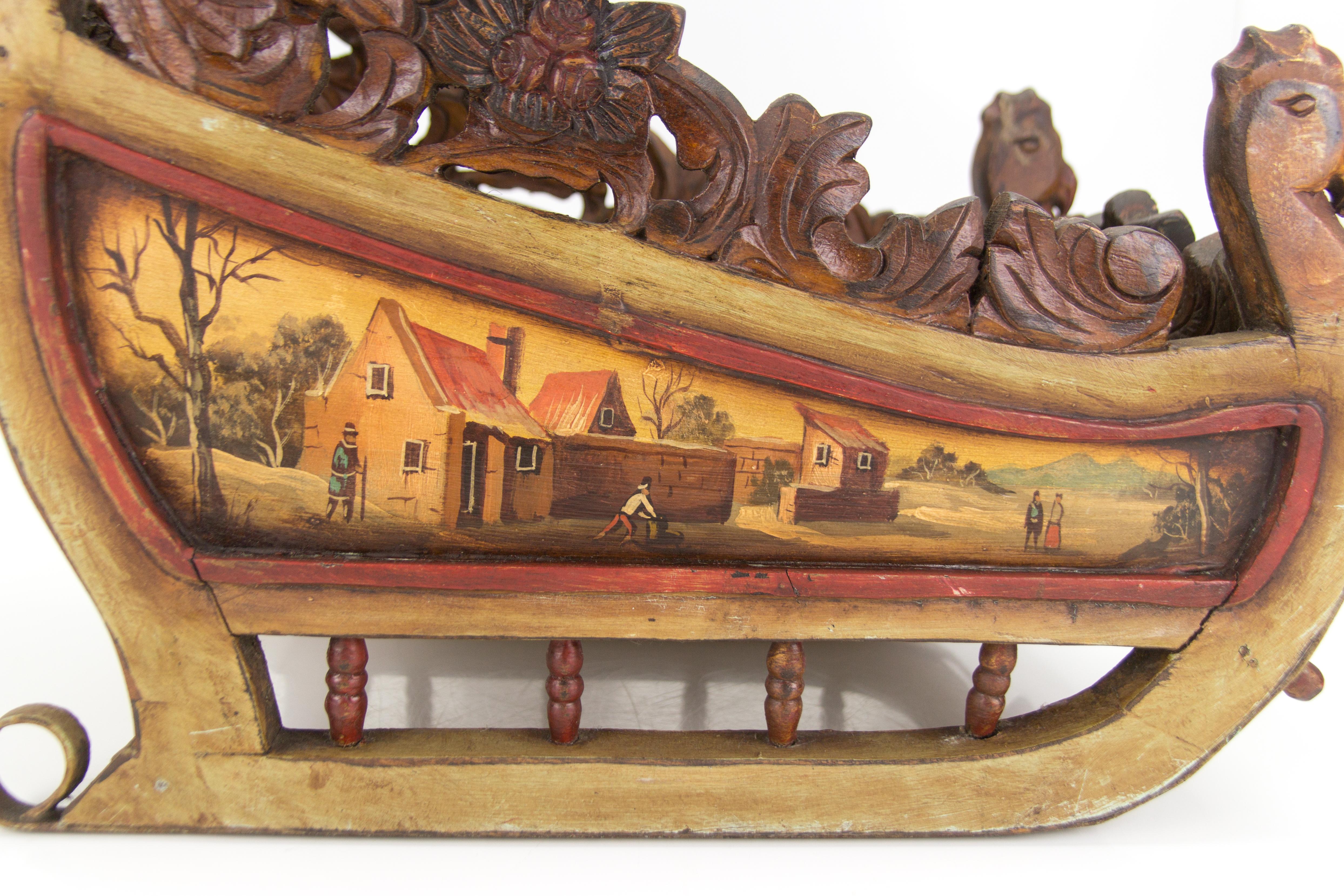 Old German Carved Wooden Sleigh with Hand Painted Scenes 2