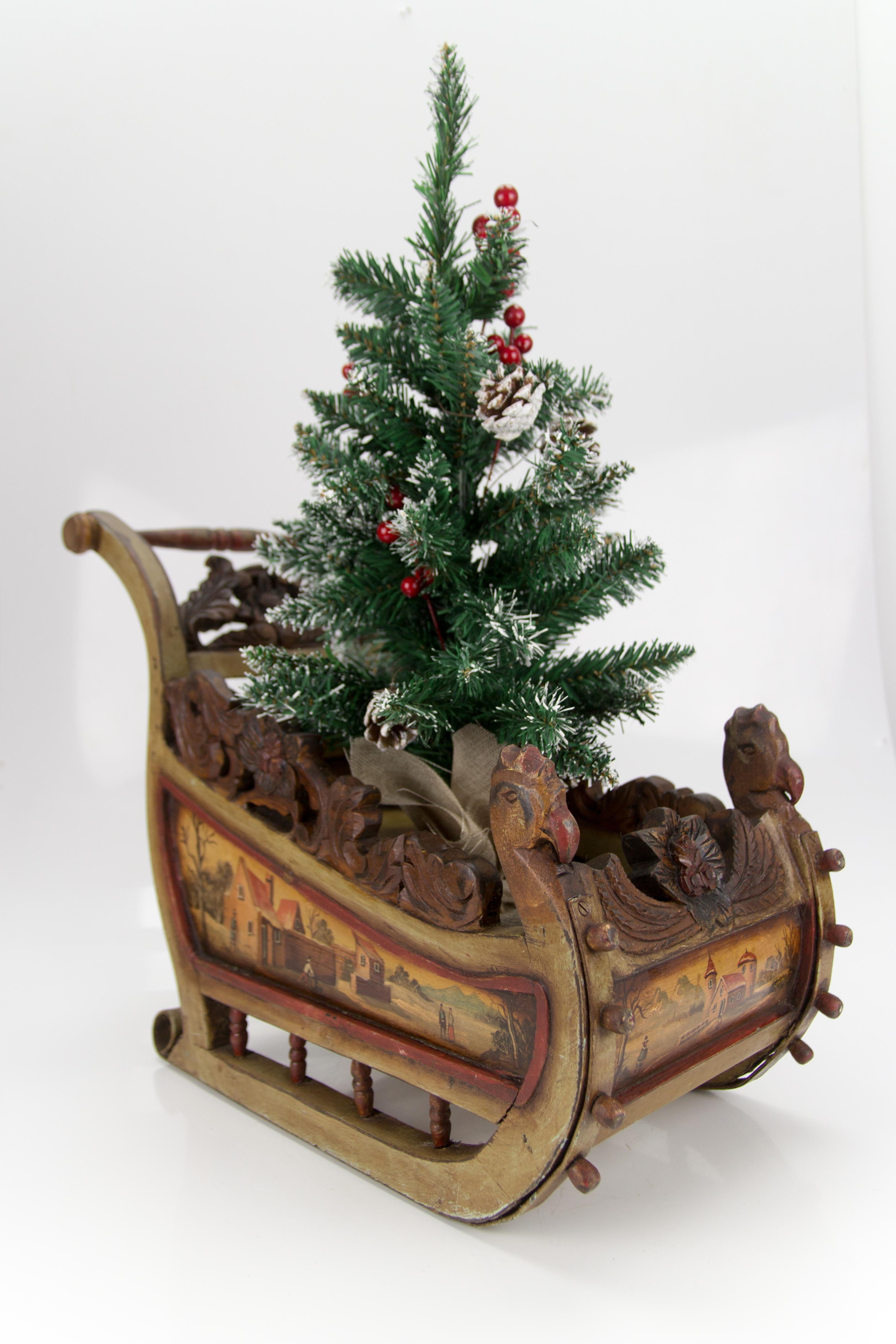 Old German Carved Wooden Sleigh with Hand Painted Scenes 5