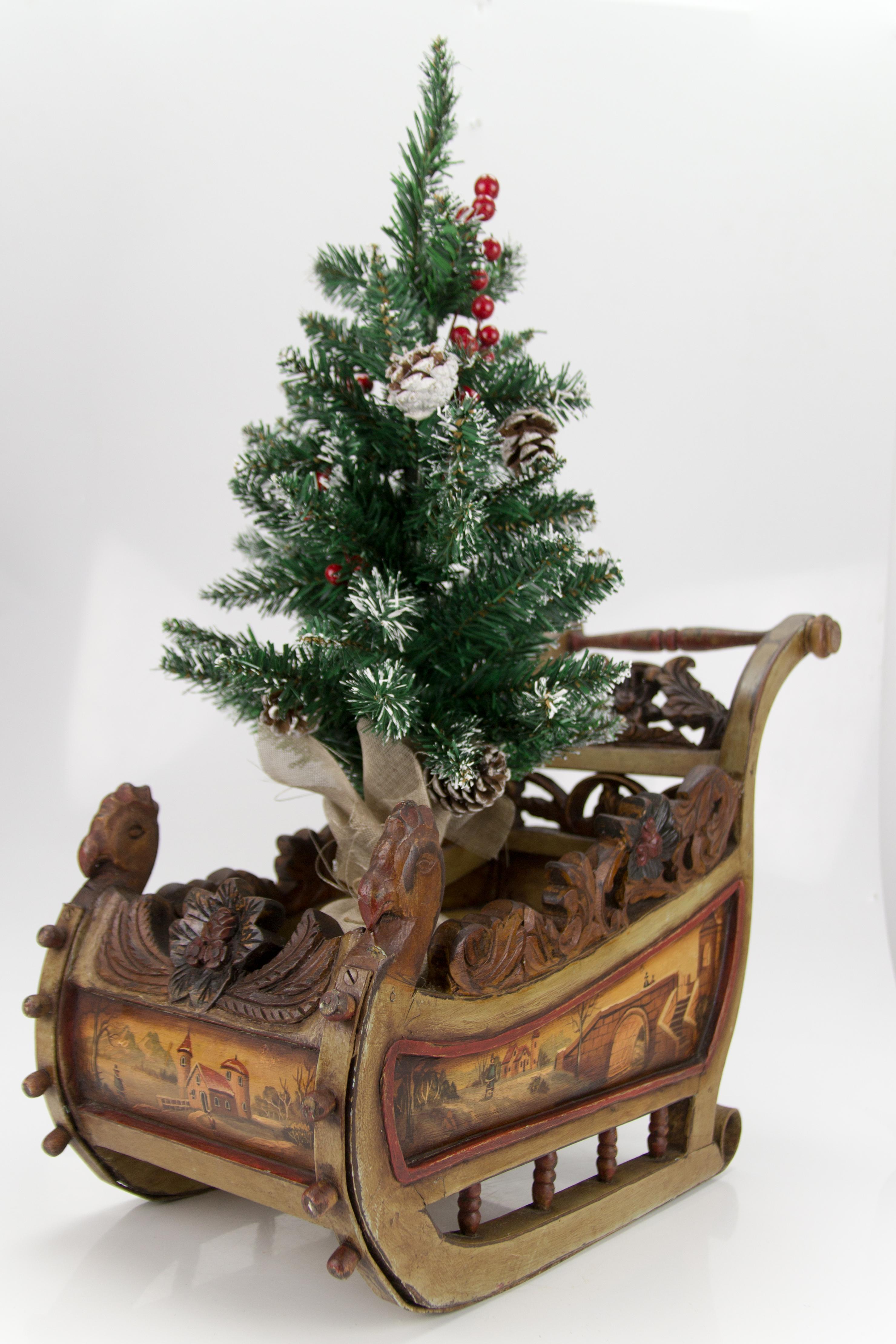Old German Carved Wooden Sleigh with Hand Painted Scenes 7