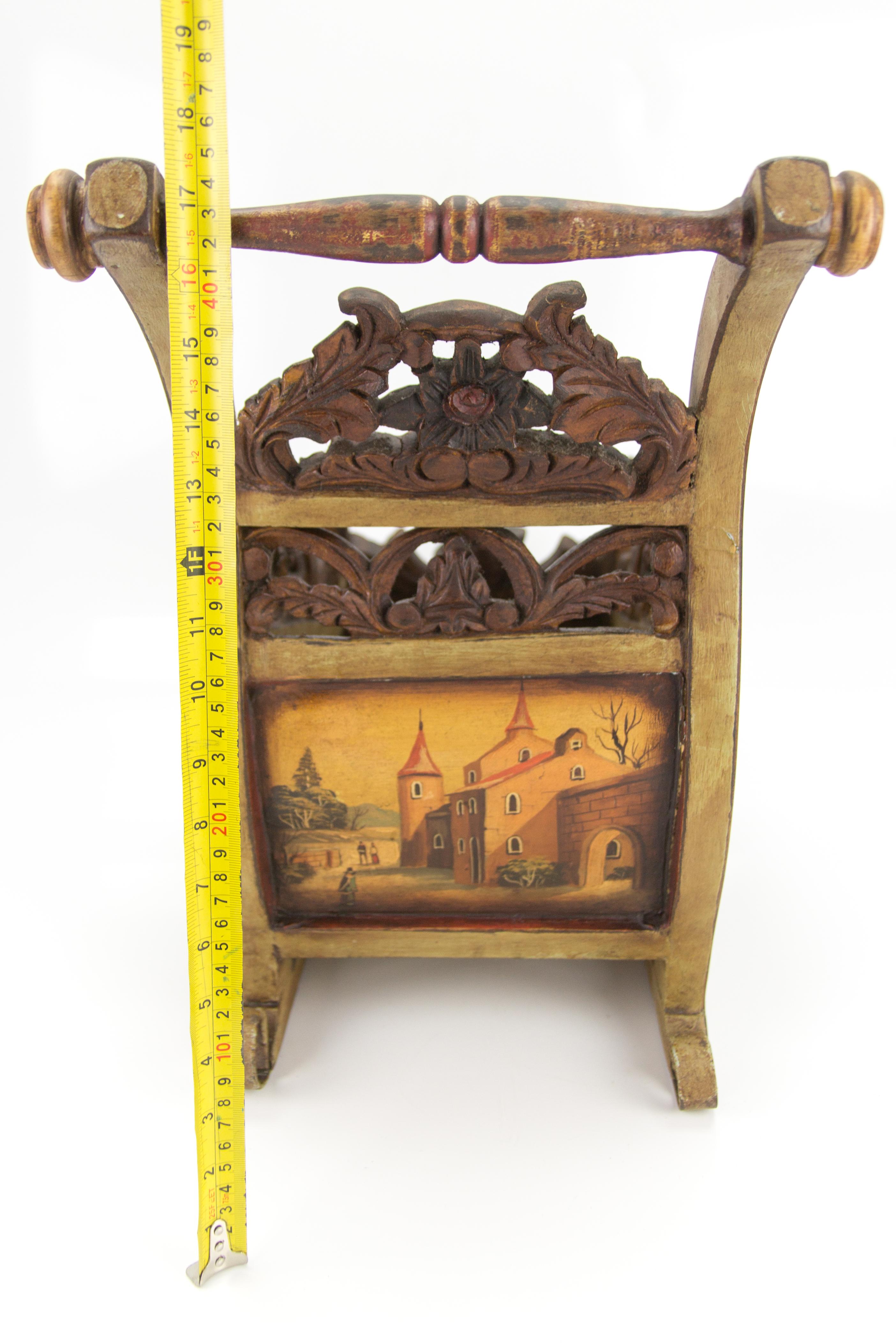 Old German Carved Wooden Sleigh with Hand Painted Scenes 9