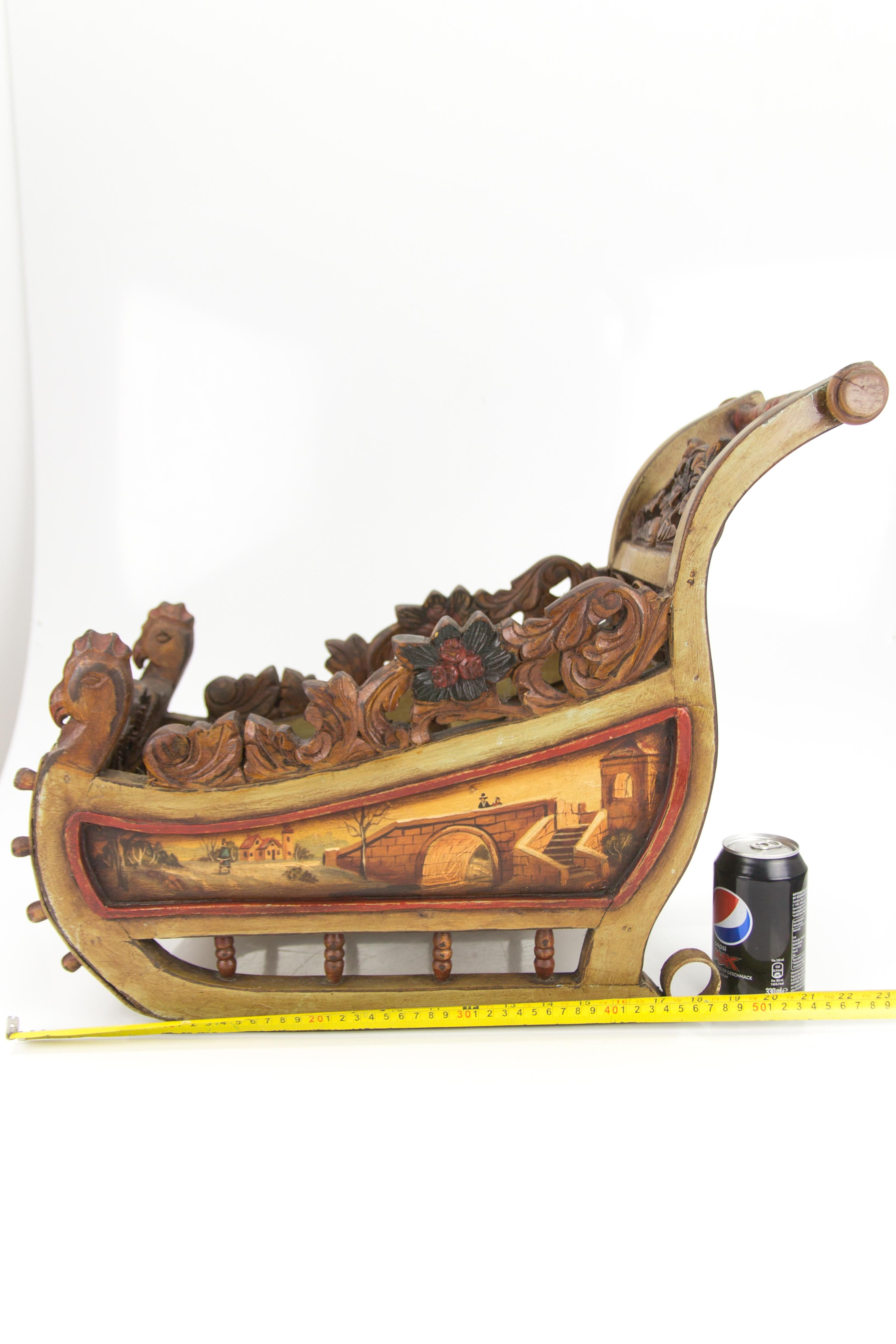 Old German Carved Wooden Sleigh with Hand Painted Scenes 11