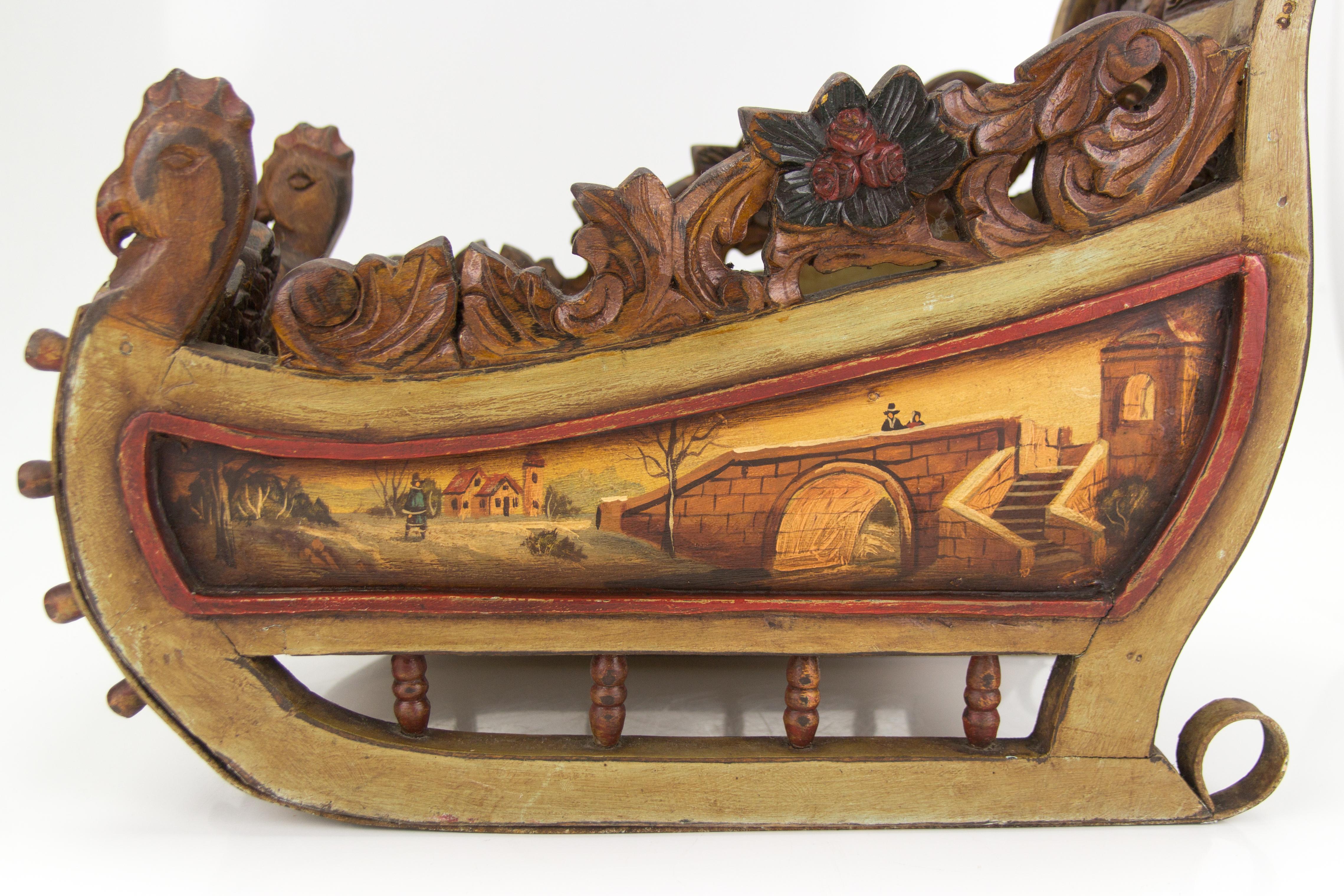 Black Forest Old German Carved Wooden Sleigh with Hand Painted Scenes