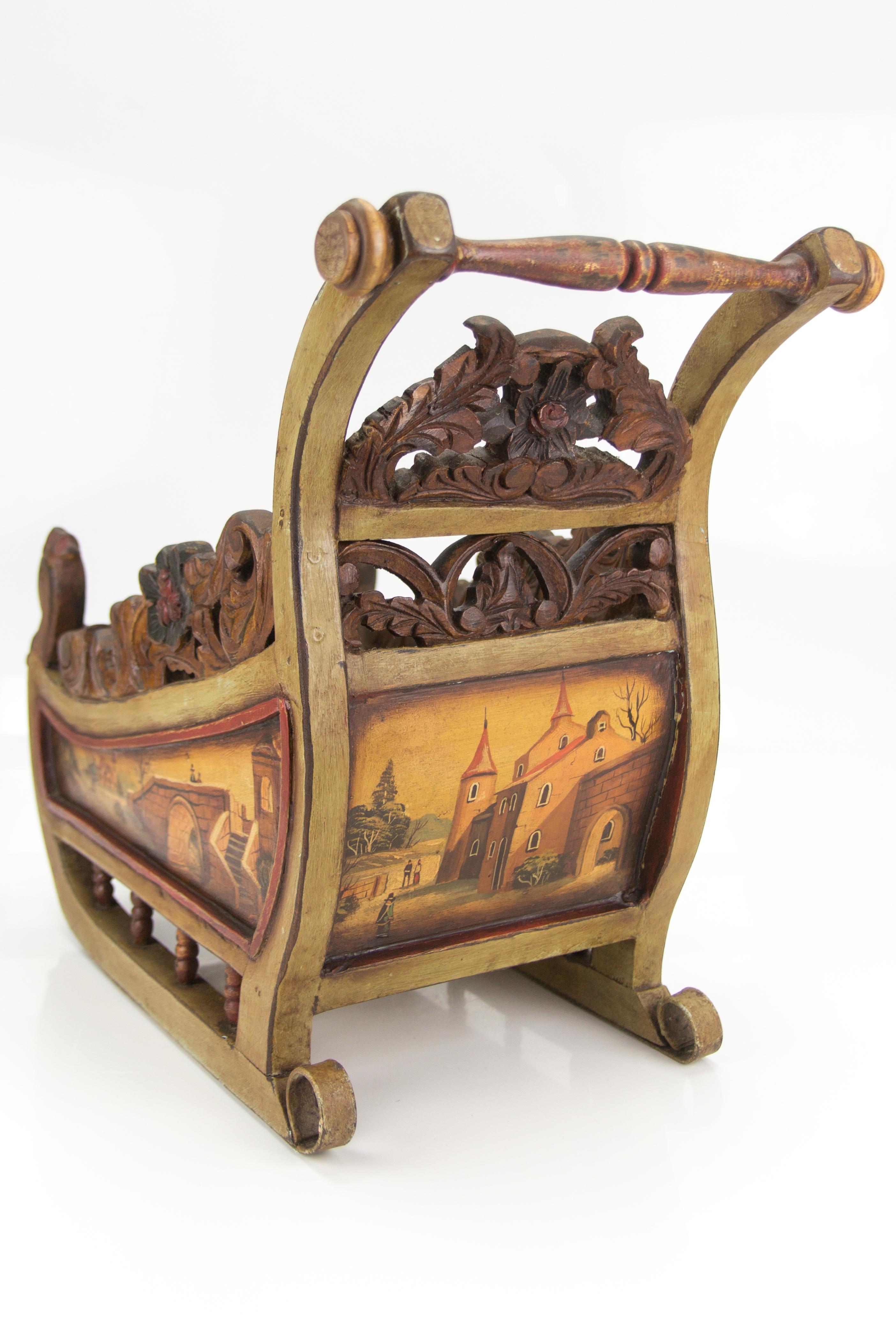 Hand-Carved Old German Carved Wooden Sleigh with Hand Painted Scenes