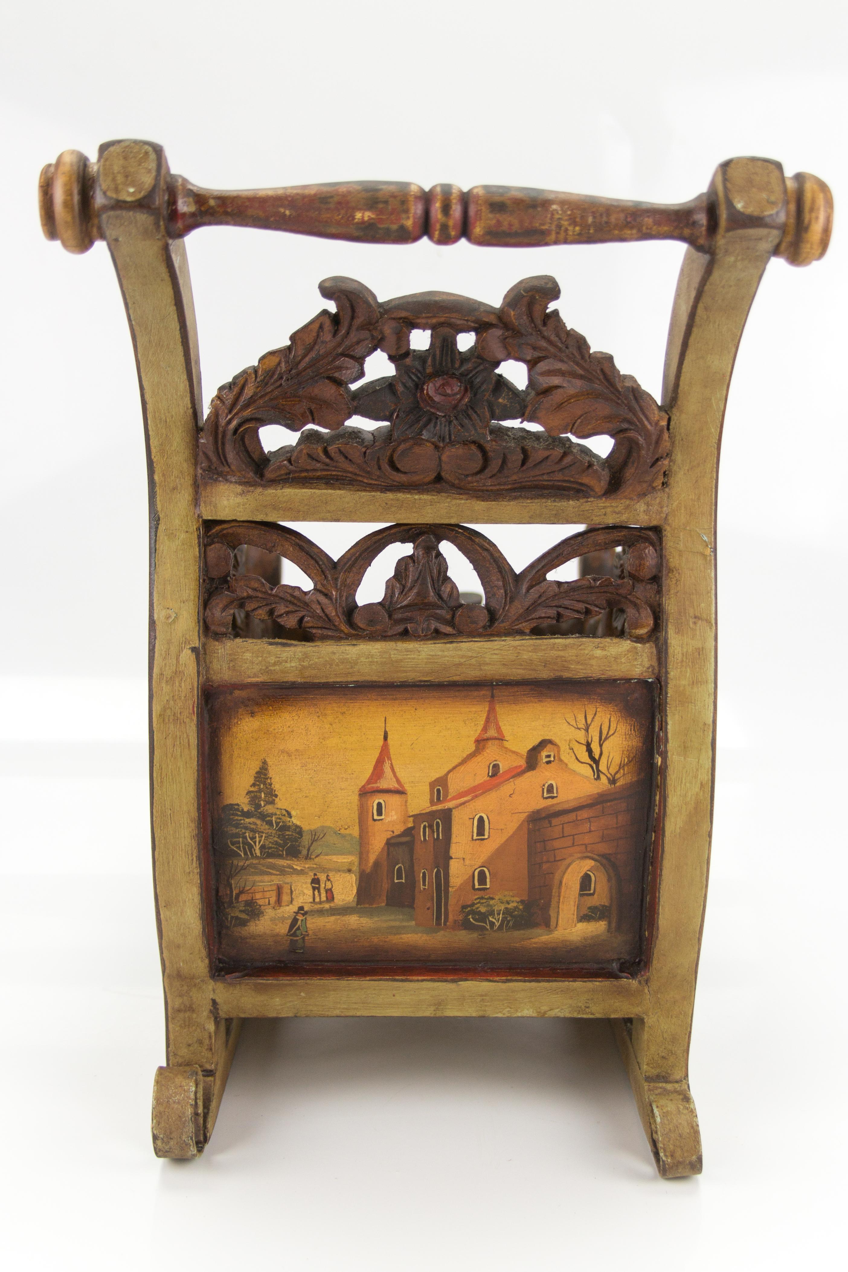 Old German Carved Wooden Sleigh with Hand Painted Scenes In Good Condition In Barntrup, DE