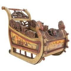 Vintage Old German Carved Wooden Sleigh with Hand Painted Scenes
