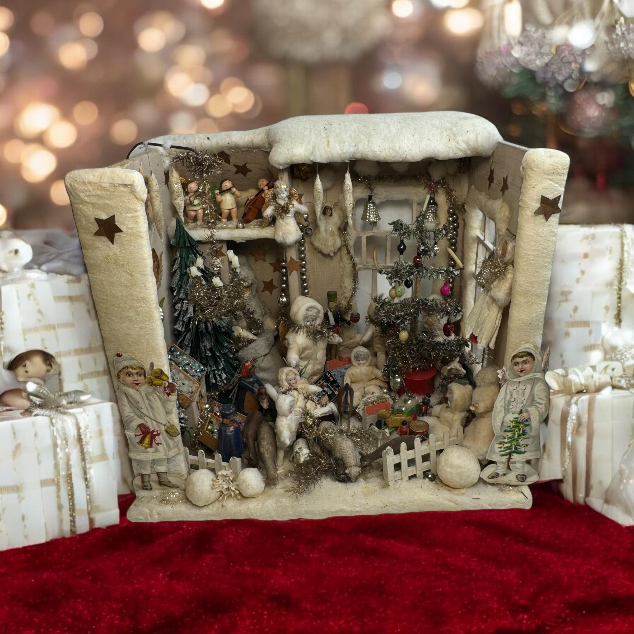 A beautiful market stall or shop room box, painted and stained wood with lithographed wall and floor papers, side stair case and upper gallery, a lot of decoration items as toys, christmas ornaments, Wendt & Kuhn Angels, Santa Claus, Paper Christmas