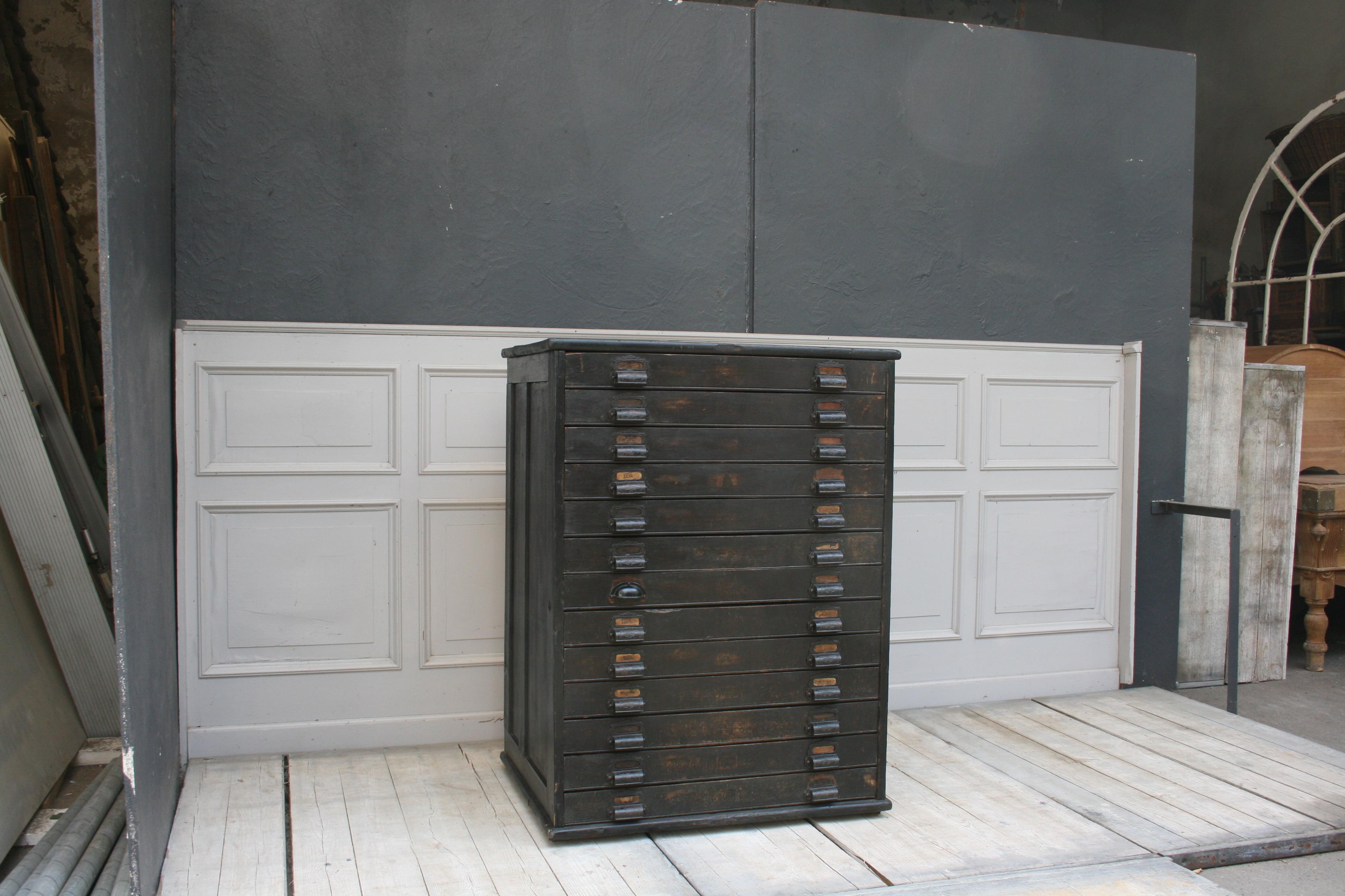 Industrial Old German Factory Plan Cabinet with 13 Drawers, circa 1900
