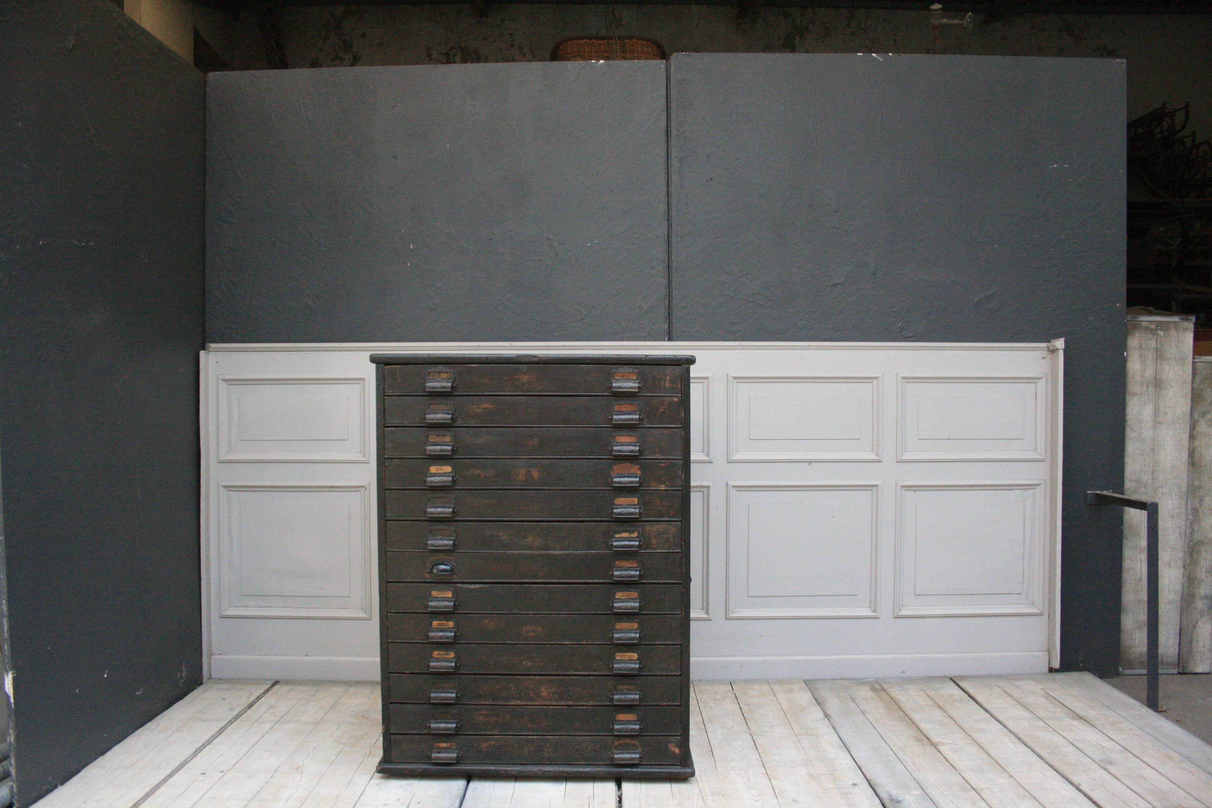 Blackened Old German Factory Plan Cabinet with 13 Drawers, circa 1900