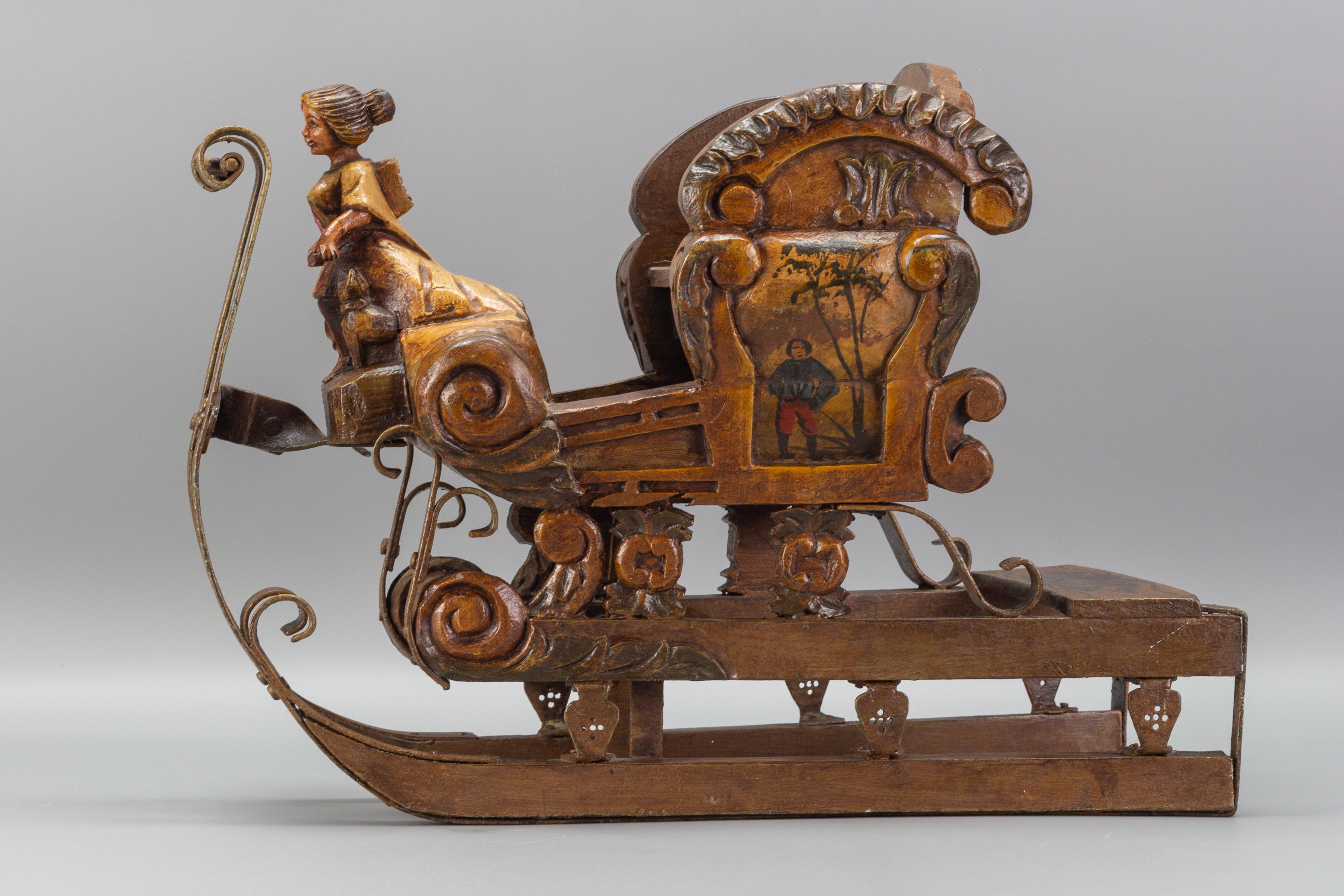 Iron Old German Hand-Carved and Hand-Painted Wooden Sleigh