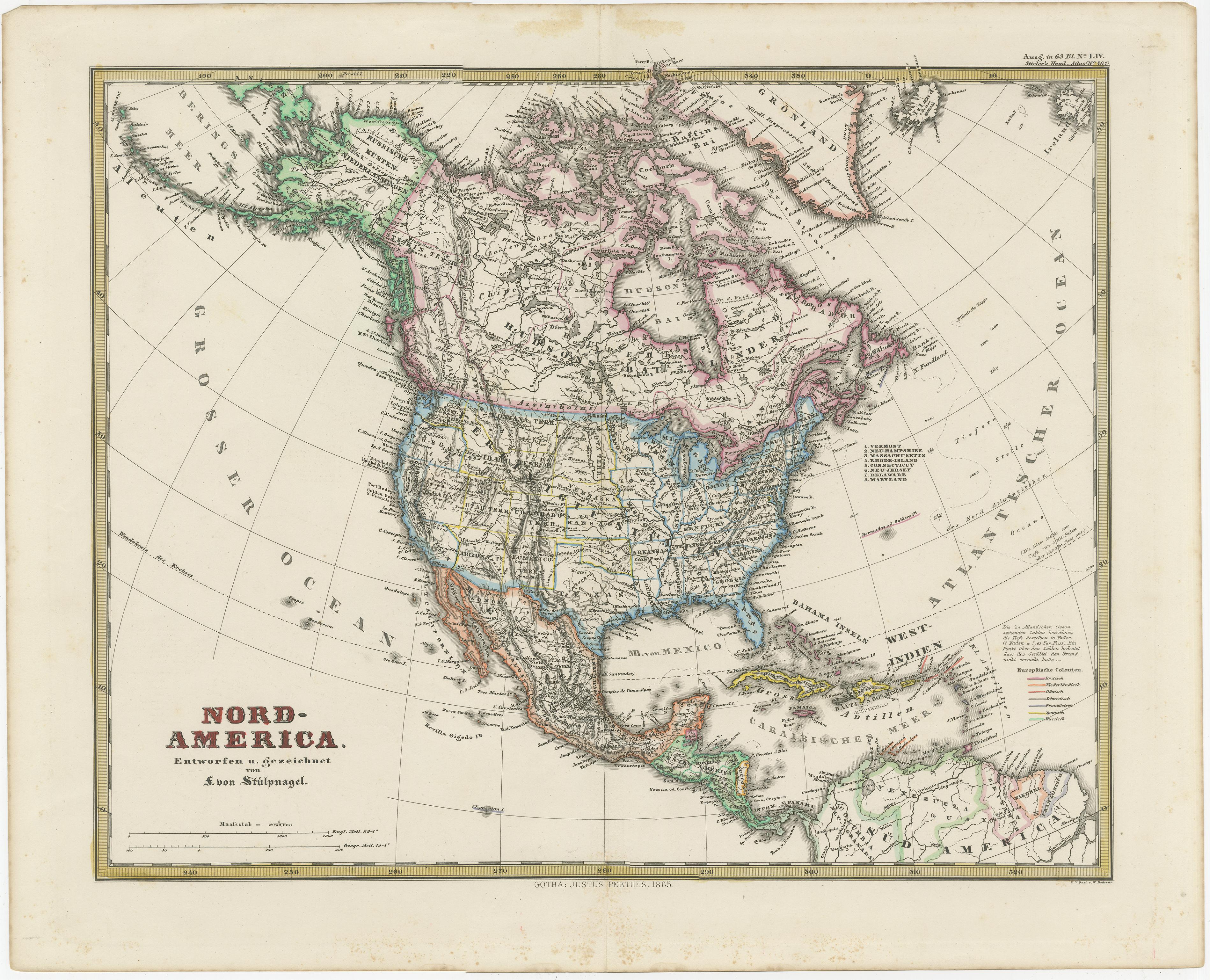 Interessante deutsche Karte von Nordamerika in schönem Kolorit. 

Echte antike handkolorierte Karte von Nordamerika, mit schönen Details, in deutscher Ausführlichkeit, gezeichnet von dem berühmten deutschen Kartographen von Stülpnagel, insgesamt