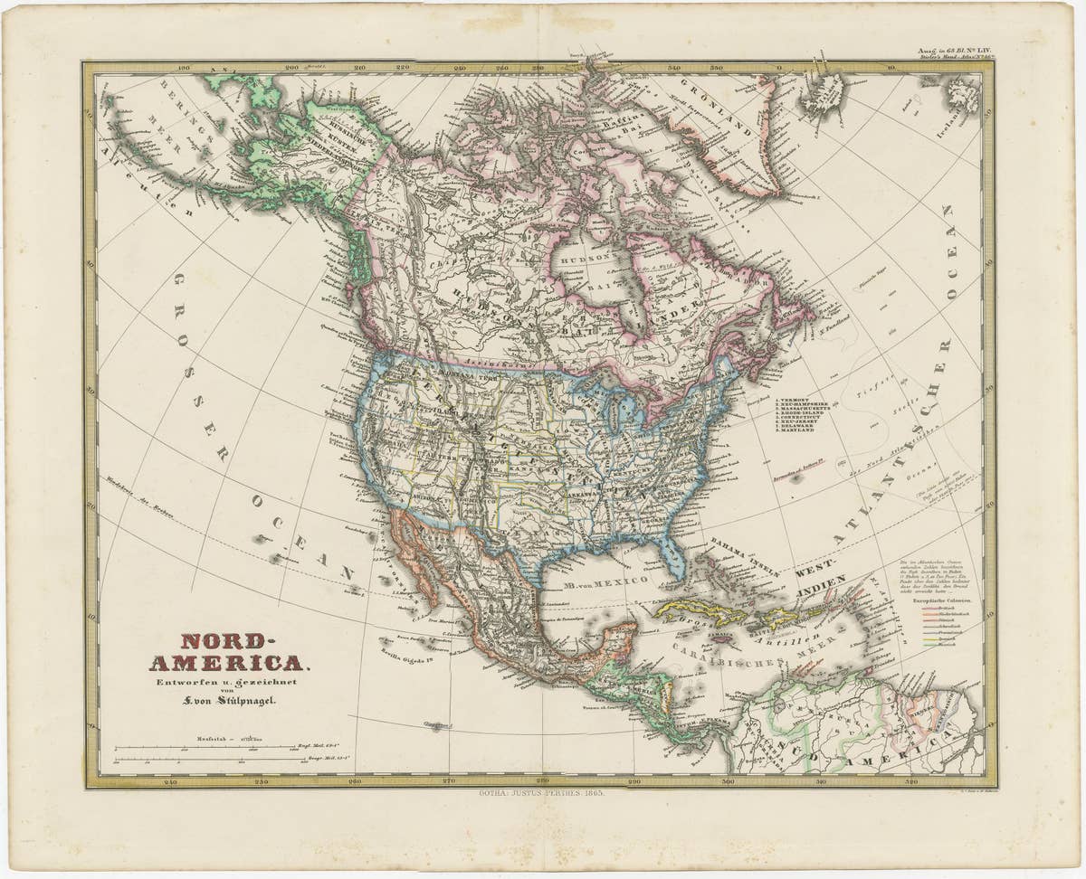 Old German Map of Northern America with Attractive Hand Colouring, 1864