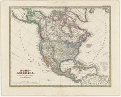 Vecchia mappa tedesca dell'America settentrionale con attraente colorazione a mano, 1864