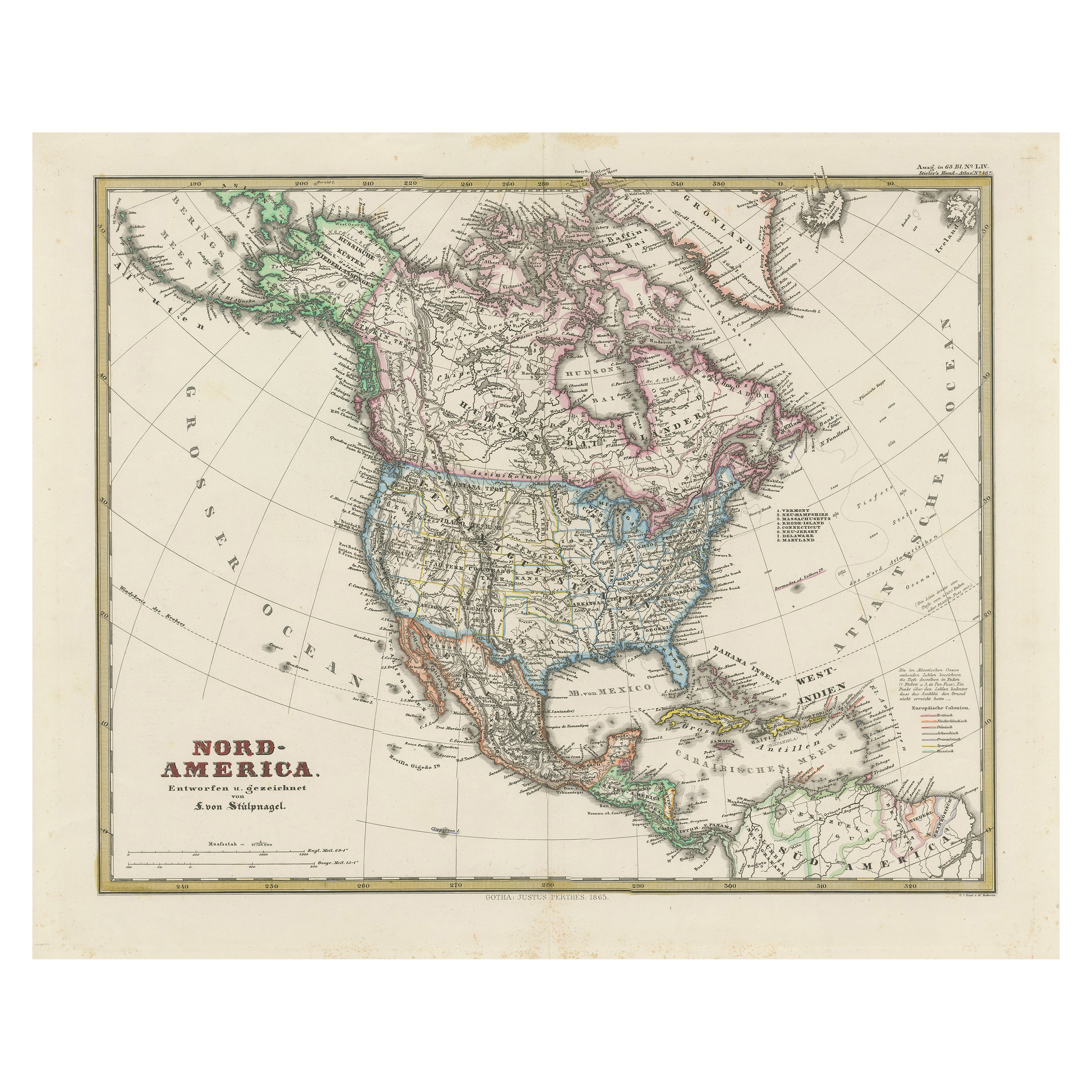 Antiguo mapa alemán de América del Norte con atractivo coloreado a mano, 1864 en venta