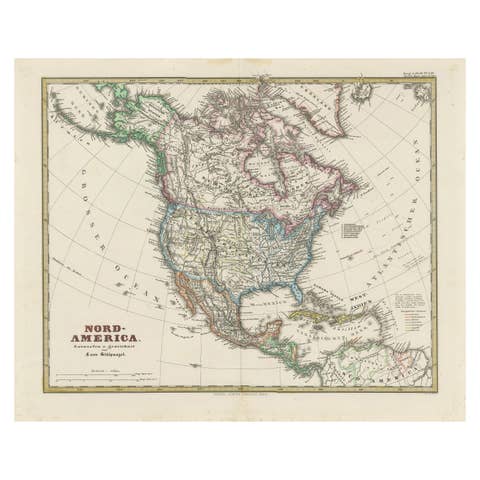 Old German Map of Northern America with Attractive Hand Colouring, 1864