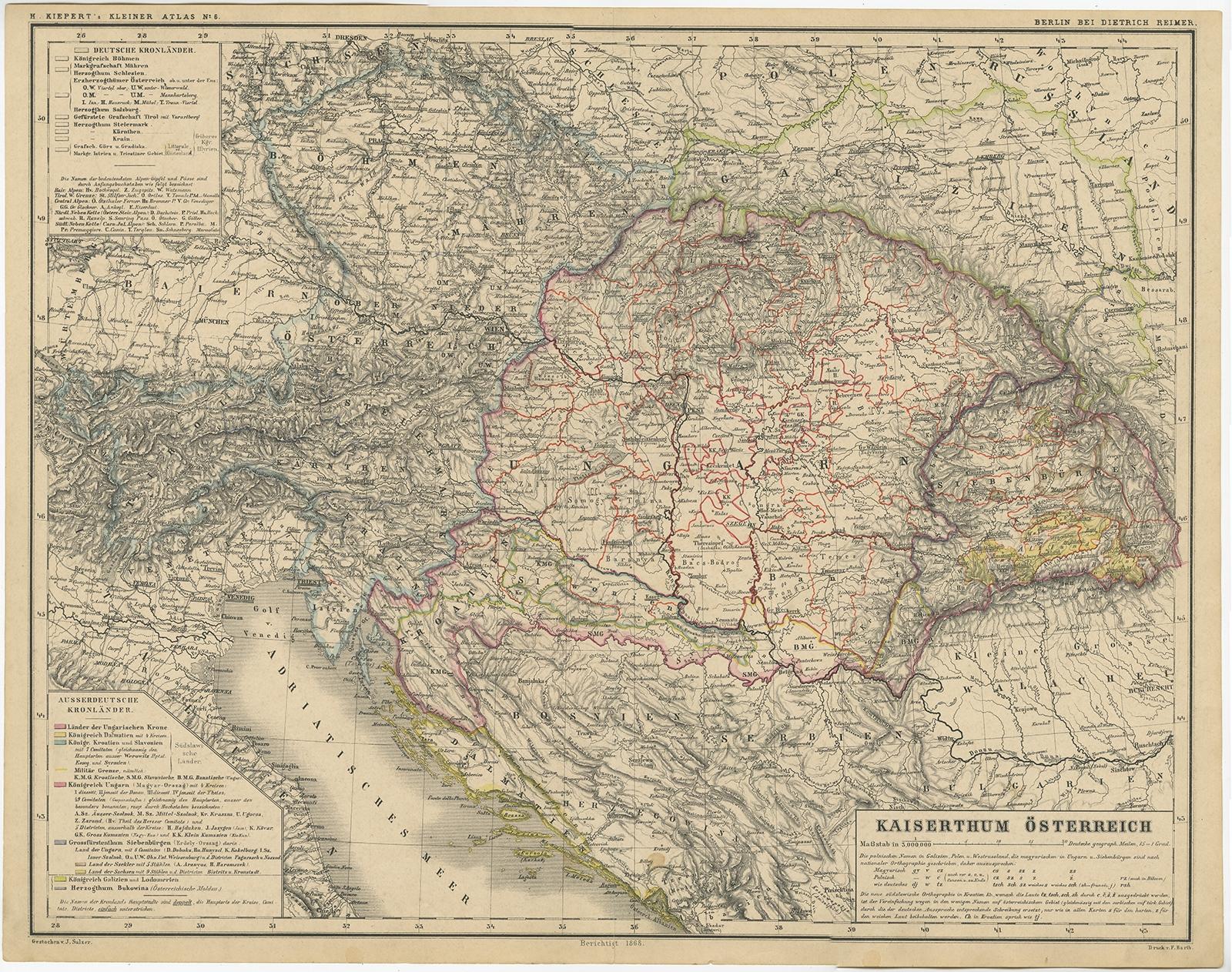 Antique map titled 'Kaiserthum Österreich'. 

Old map of the Austrian Empire. This map originates from 'H. Kiepert's Kleiner Atlas der Neueren Geographie für Schule und Haus'. 

Artists and Engravers: Kiepert, Heinrich (1818-1899), was a German