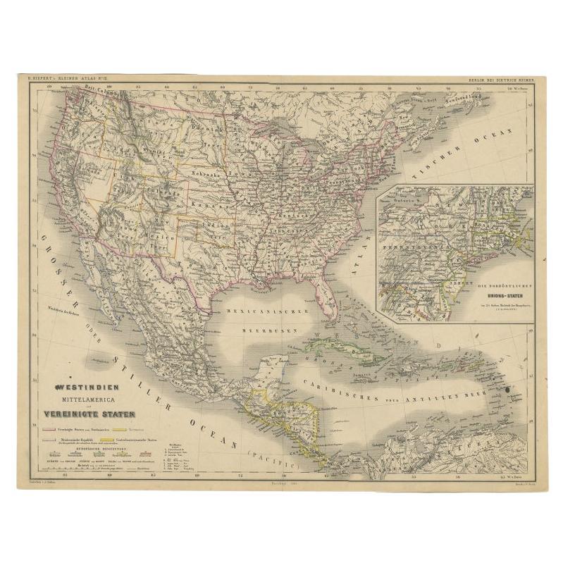 Carte allemande ancienne des États-Unis, d'Amérique centrale et des Antilles, vers 1870