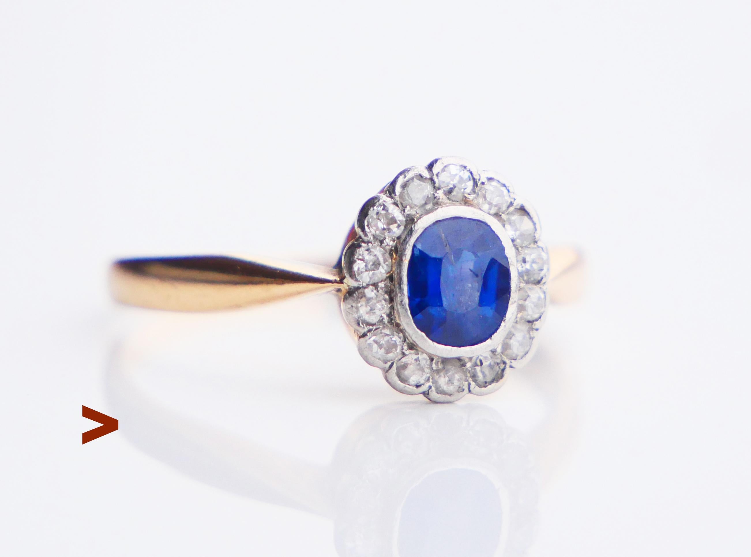  German Halo Ring,hand -made ca. 1920s -1930s with natural Blue Sapphire and 14 old  European cut Diamonds.

Hallmarked with German maker's logo and Swedish customs marks, 18K .

Crown with top part in platinum measures 9mm x 7 mm x 5mm deep. All