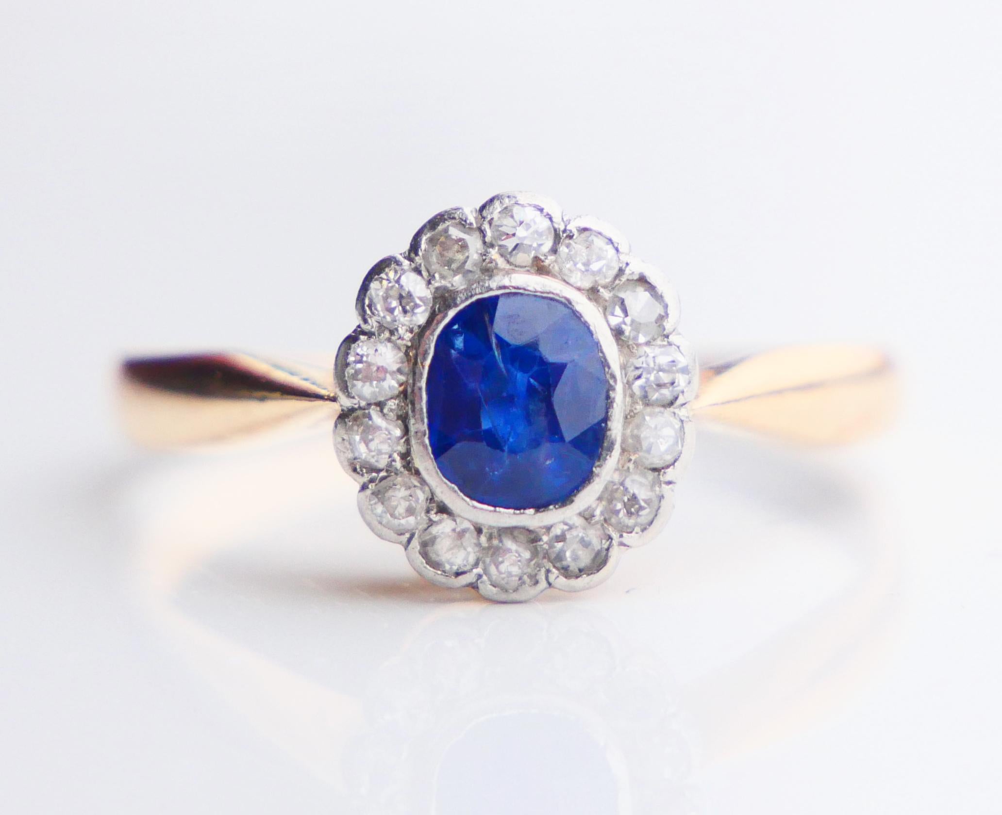 Art Deco Old German Ring natural 0.6ct Sapphire Diamonds solid 18K Gold Platinum ØUS 6.25 For Sale