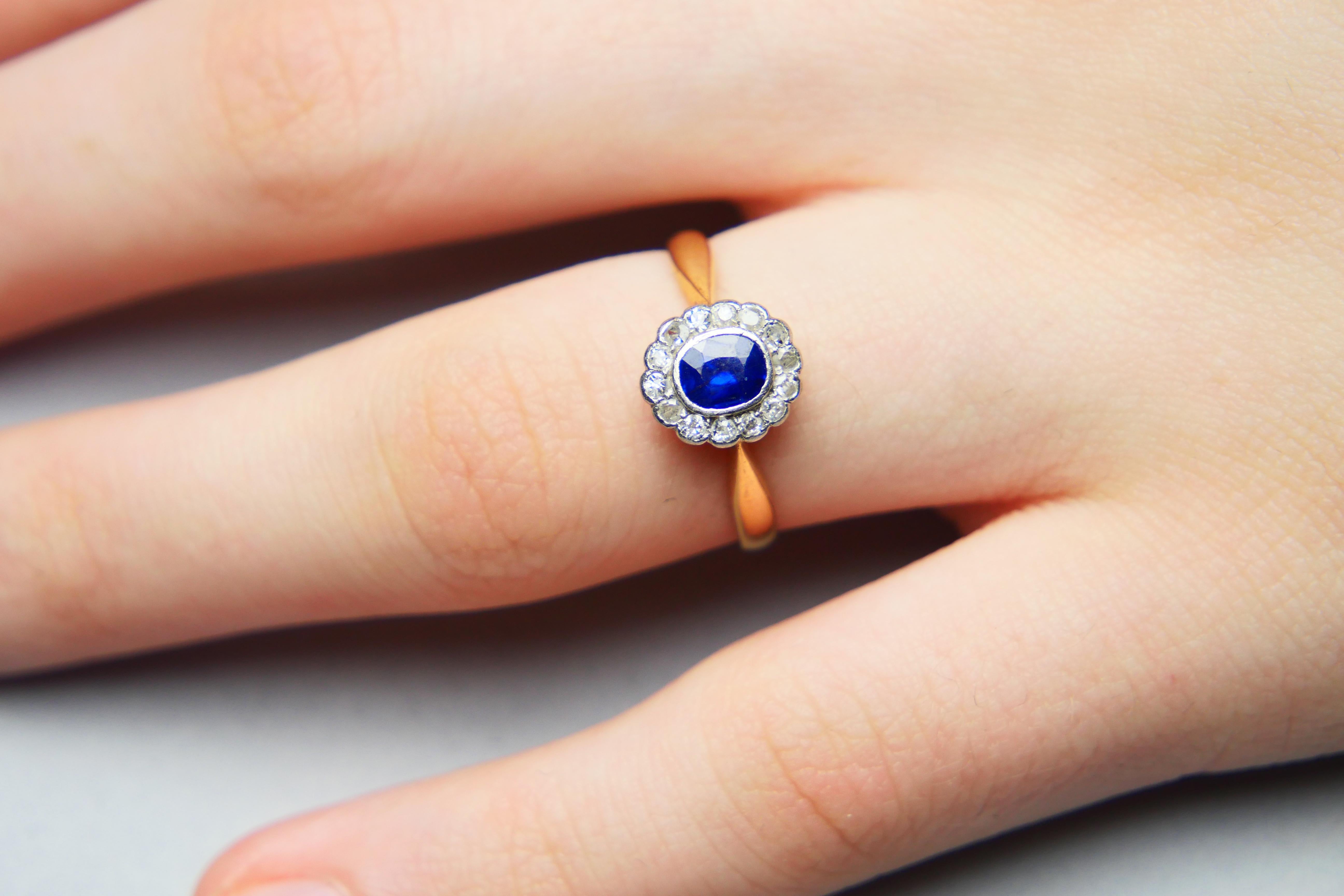 Old German Ring natural 0.6ct Sapphire Diamonds solid 18K Gold Platinum ØUS 6.25 For Sale 2